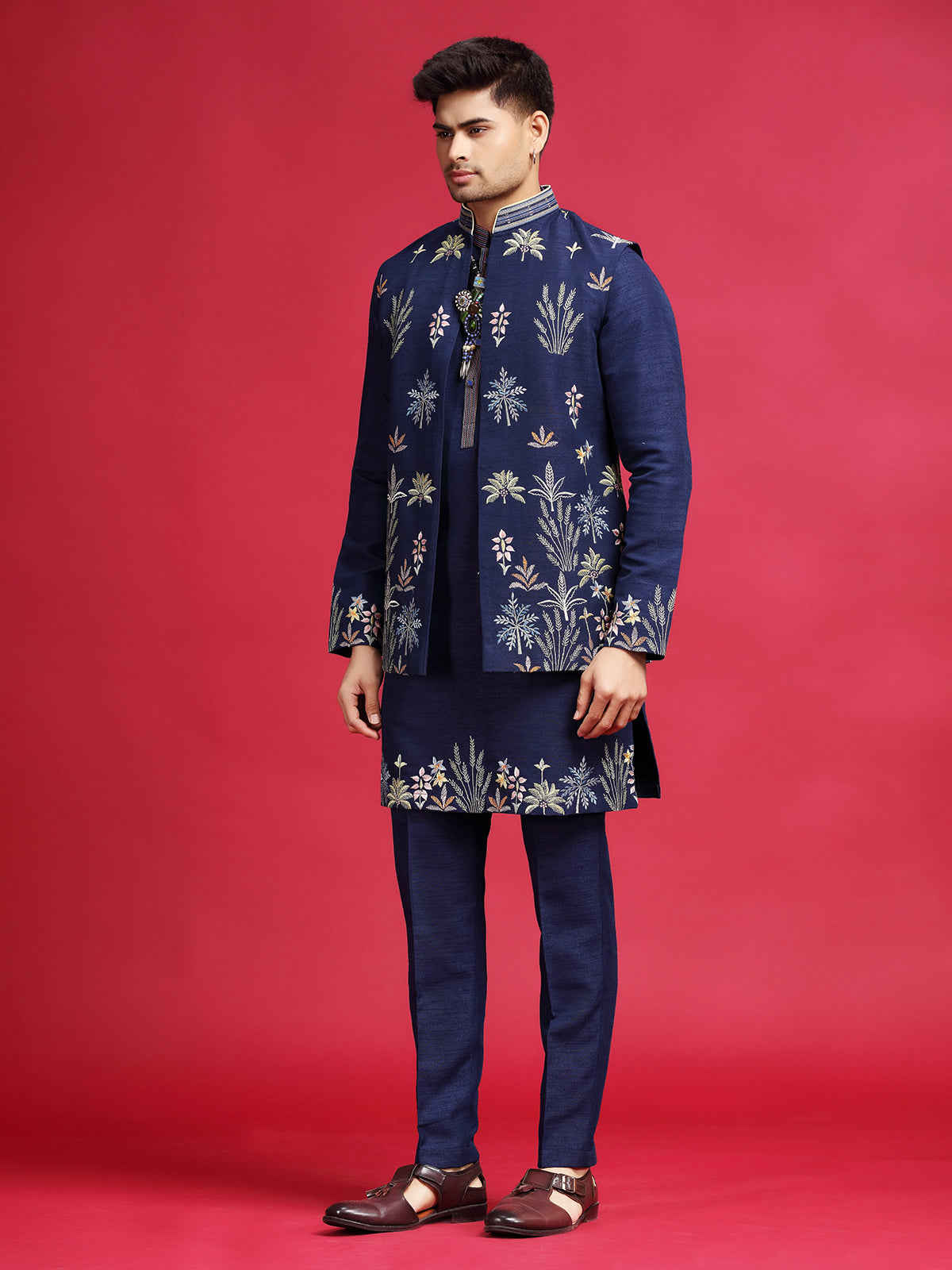 Navy silk waistcoat set with attractive embroidery