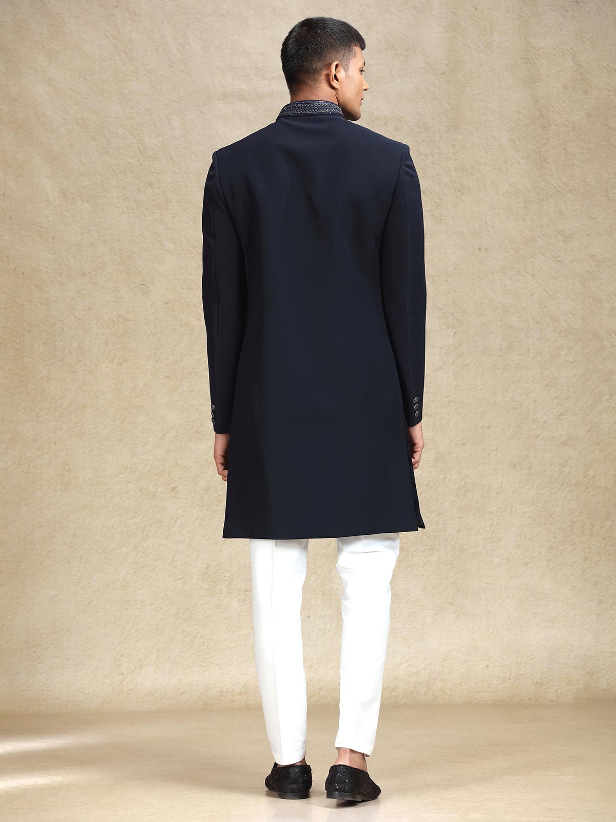 Navy subtle solid terry rayon indo western