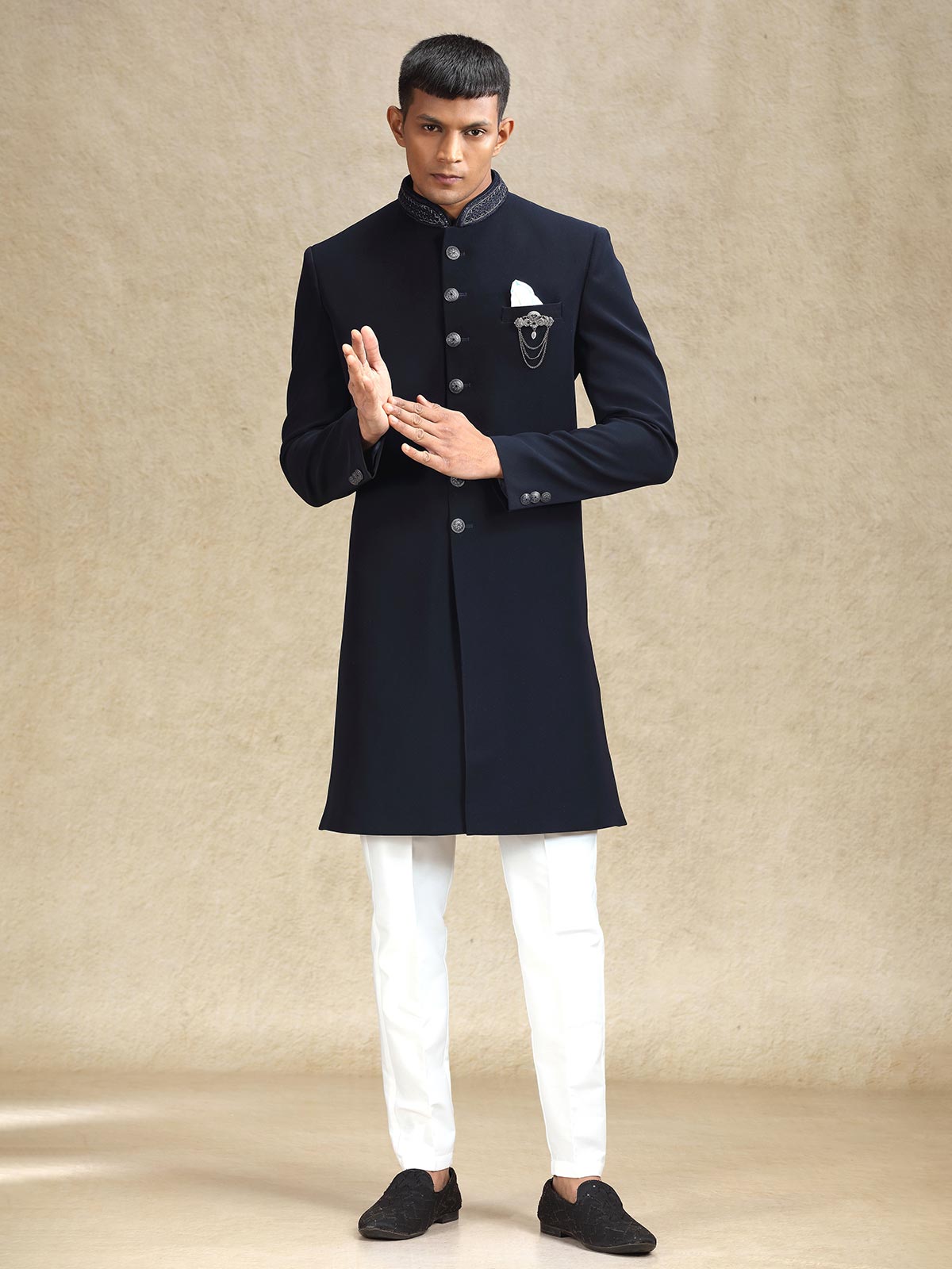 Navy subtle solid terry rayon indo western