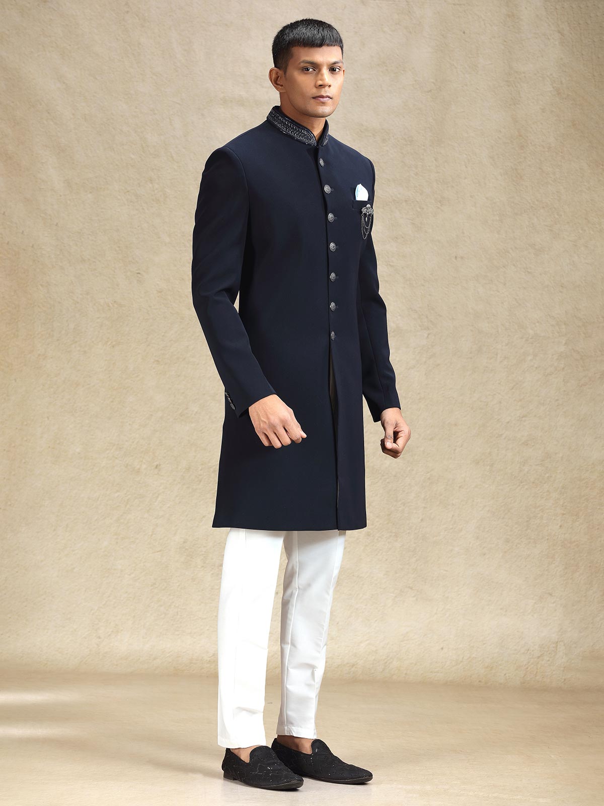 Navy subtle solid terry rayon indo western