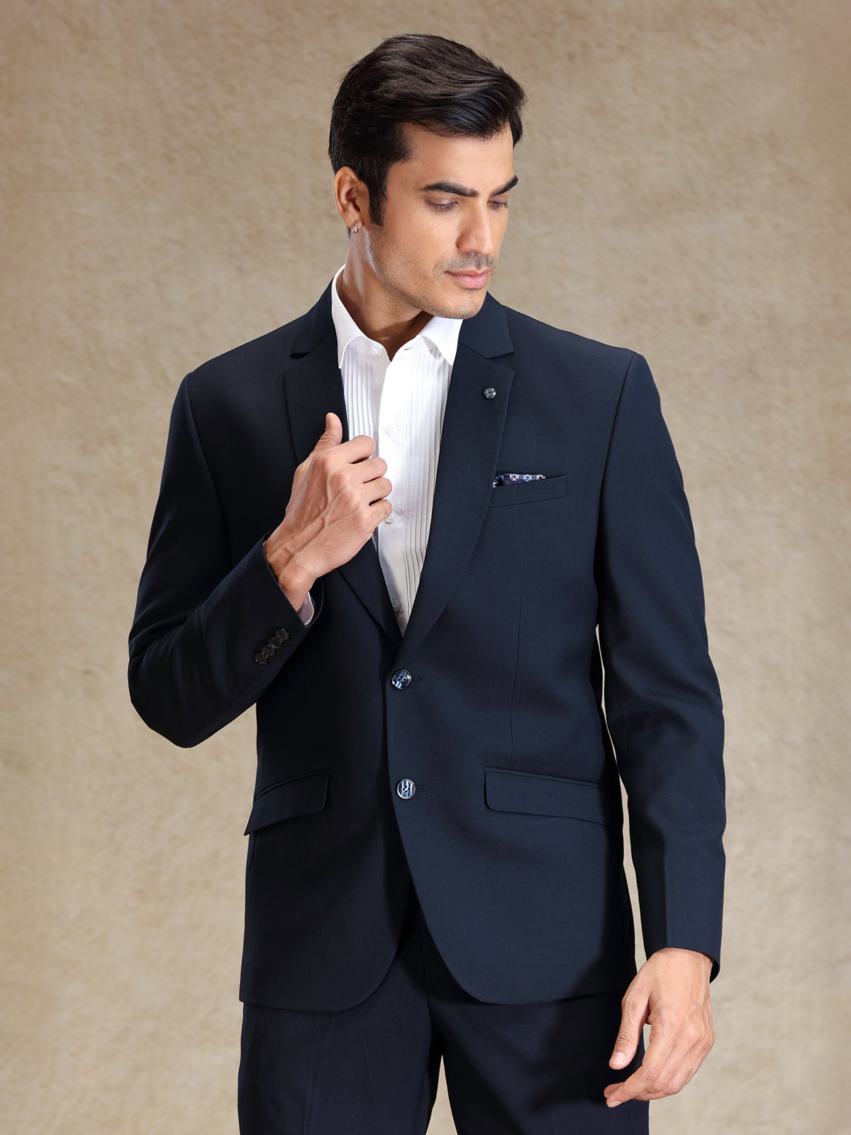 Navy terry rayon notch lapel textured blazer