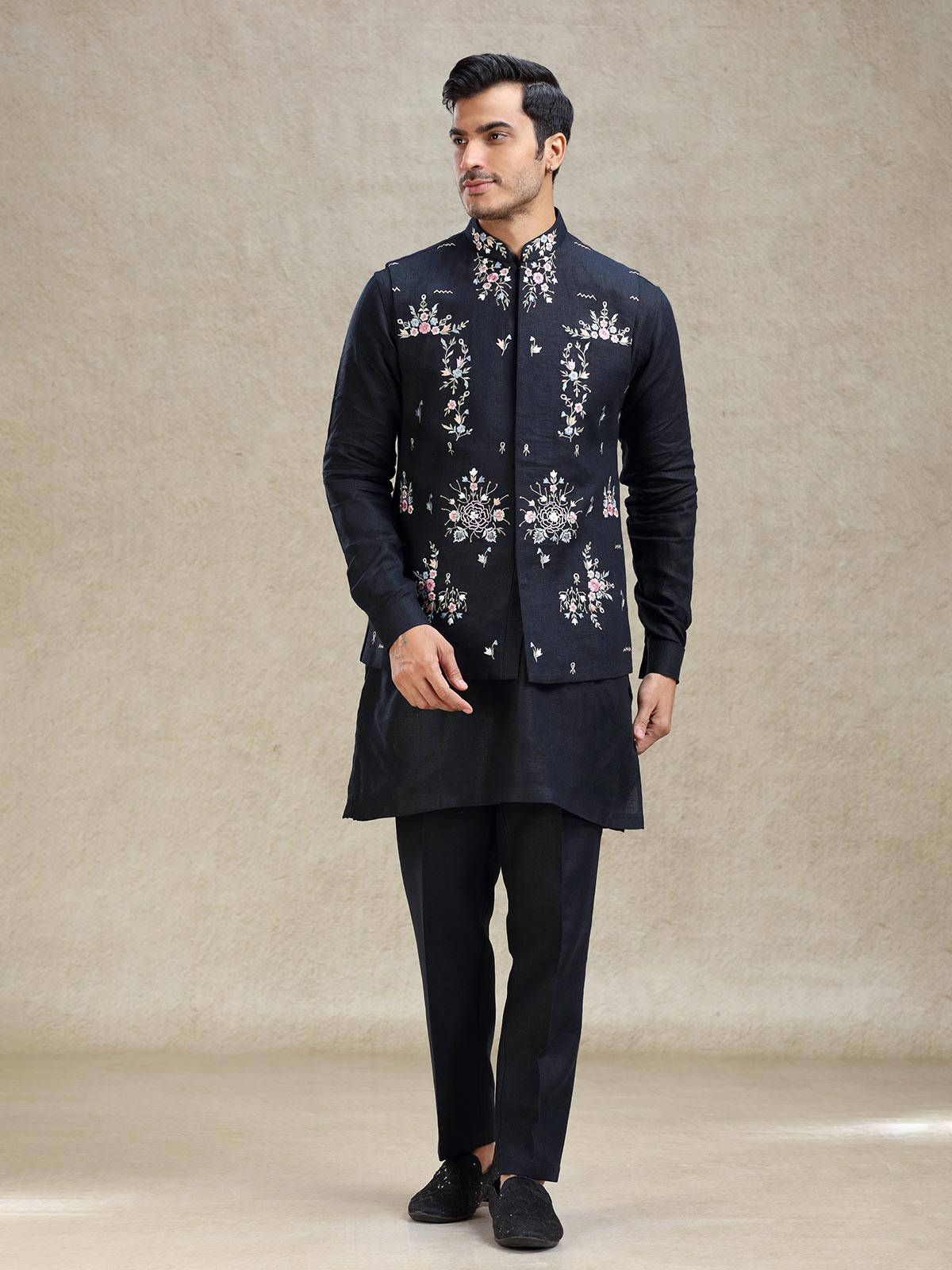 Navy timeless linen waistcoat set with embroidery work