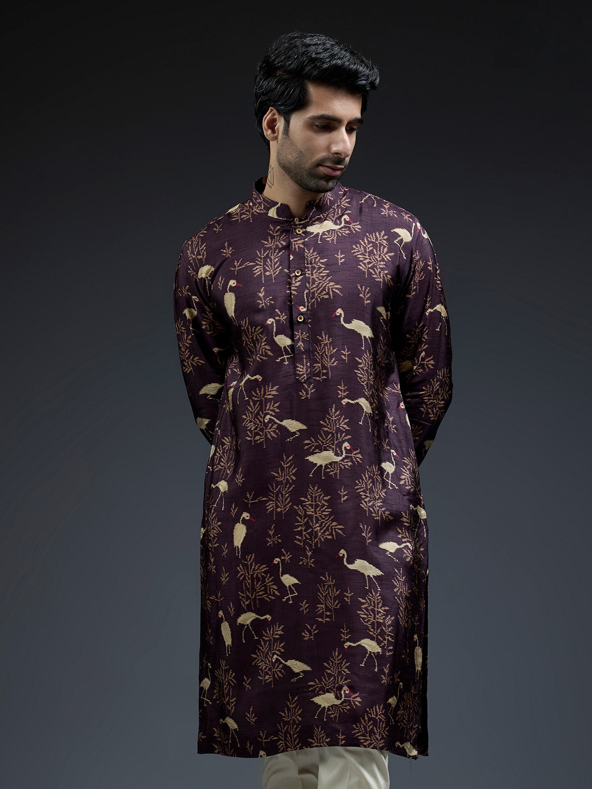 New wine silk kurta suit in floral bird print