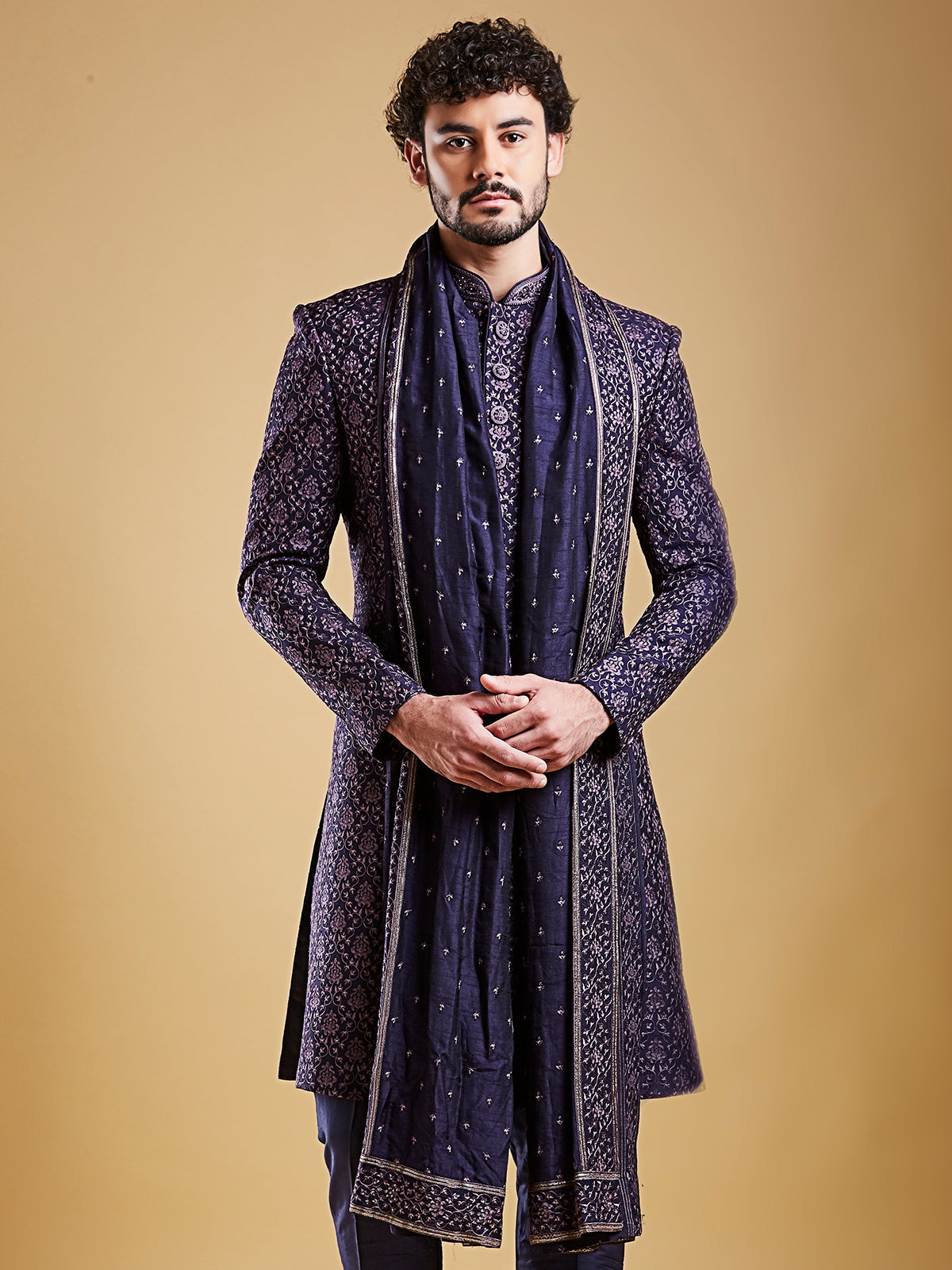 Newest groom style navy blue raw silk sherwani