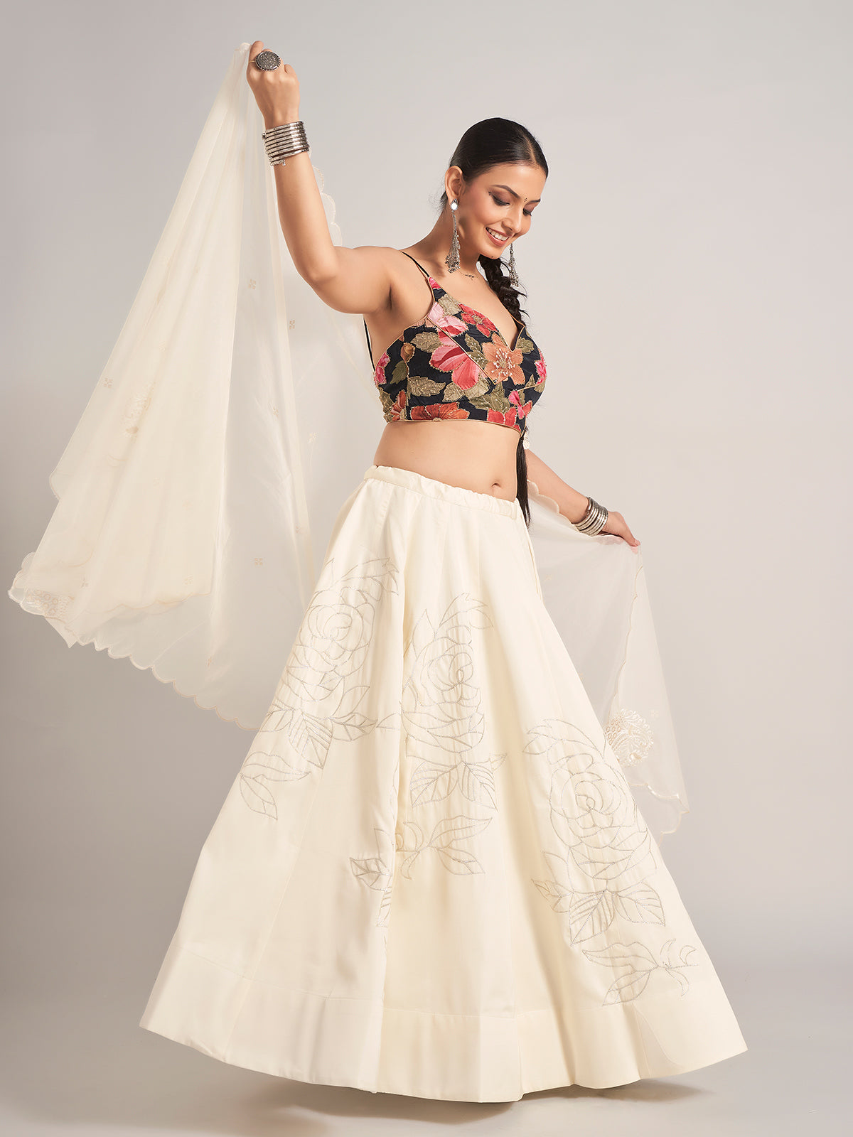 Off white and black chaniya choli with dupatta