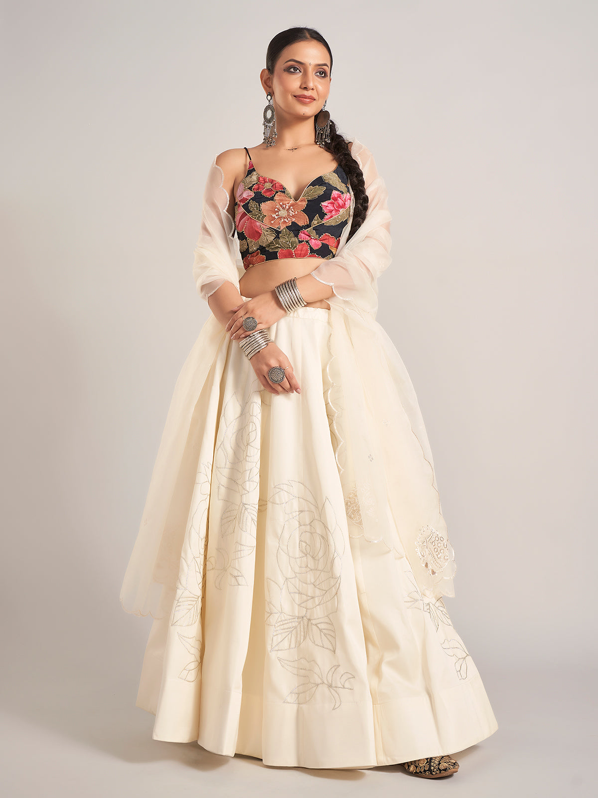 Off white and black chaniya choli with dupatta