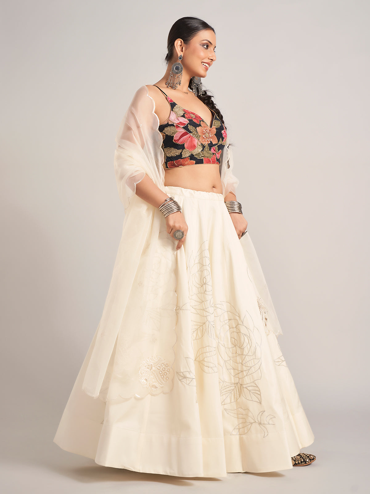Off white and black chaniya choli with dupatta