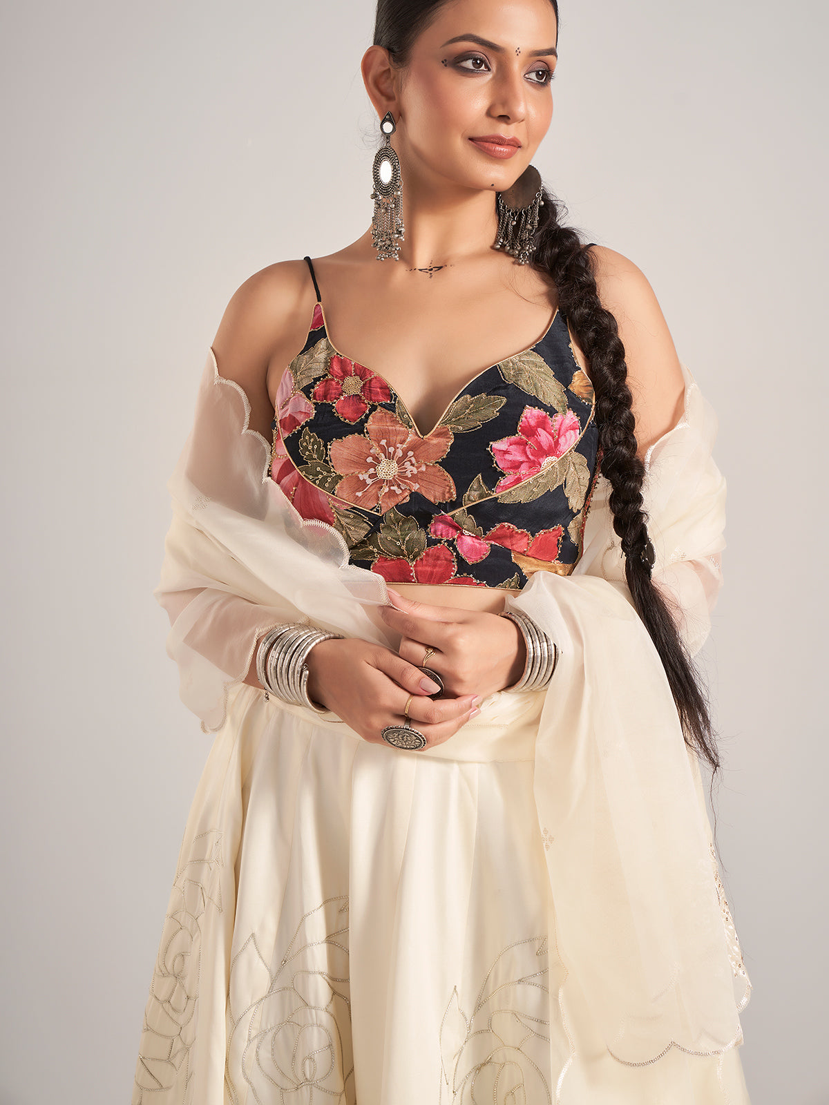 Off white and black chaniya choli with dupatta