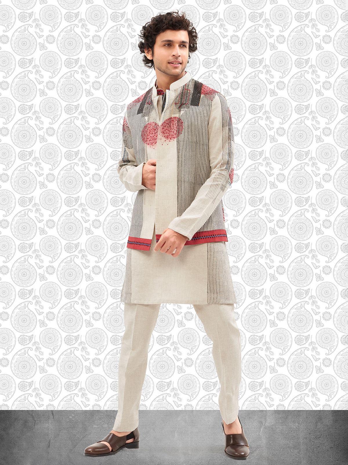 Off white and black printed cotton waistcoat set for men