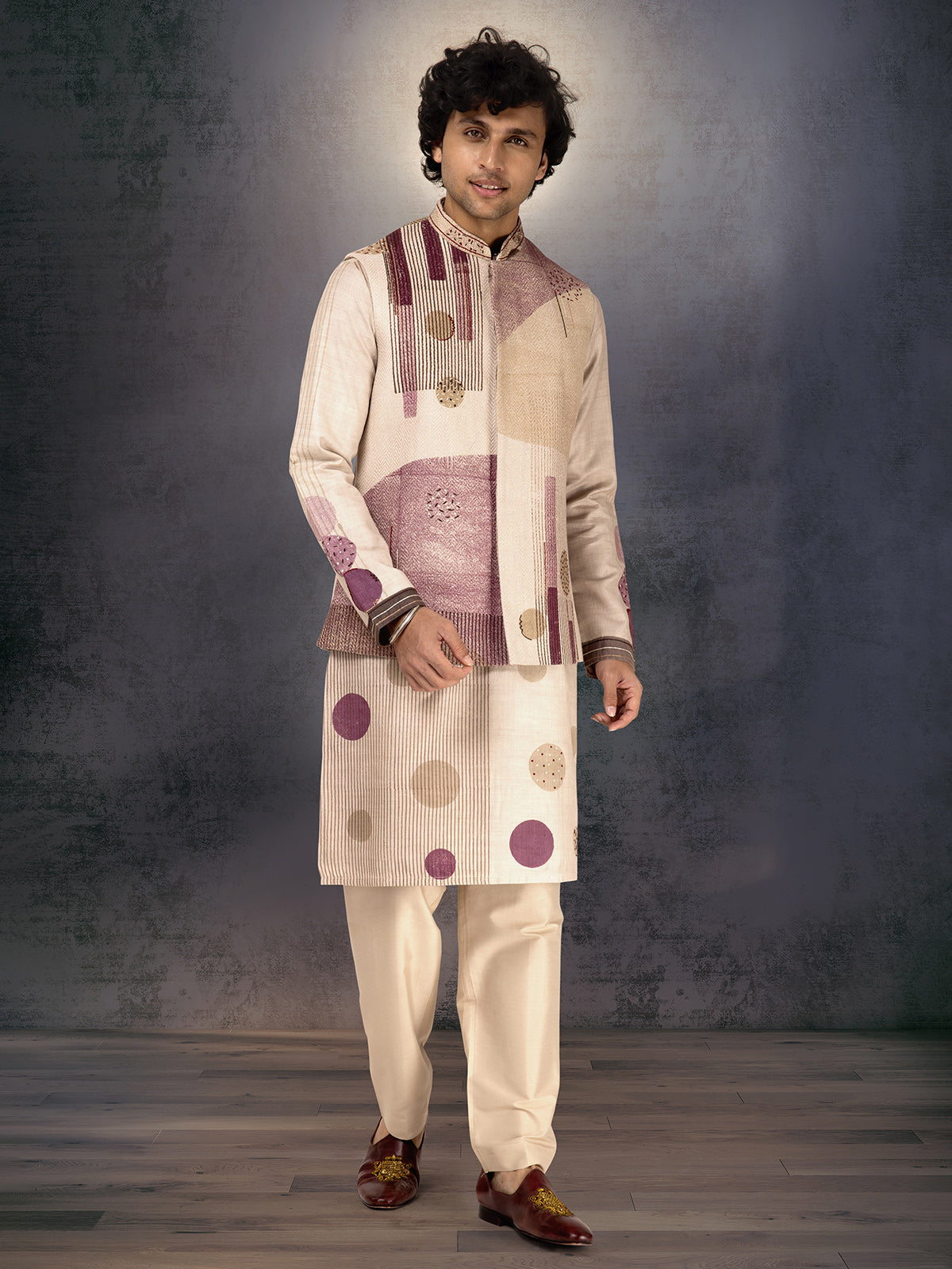 Off white and purple munga silk waistcoat set