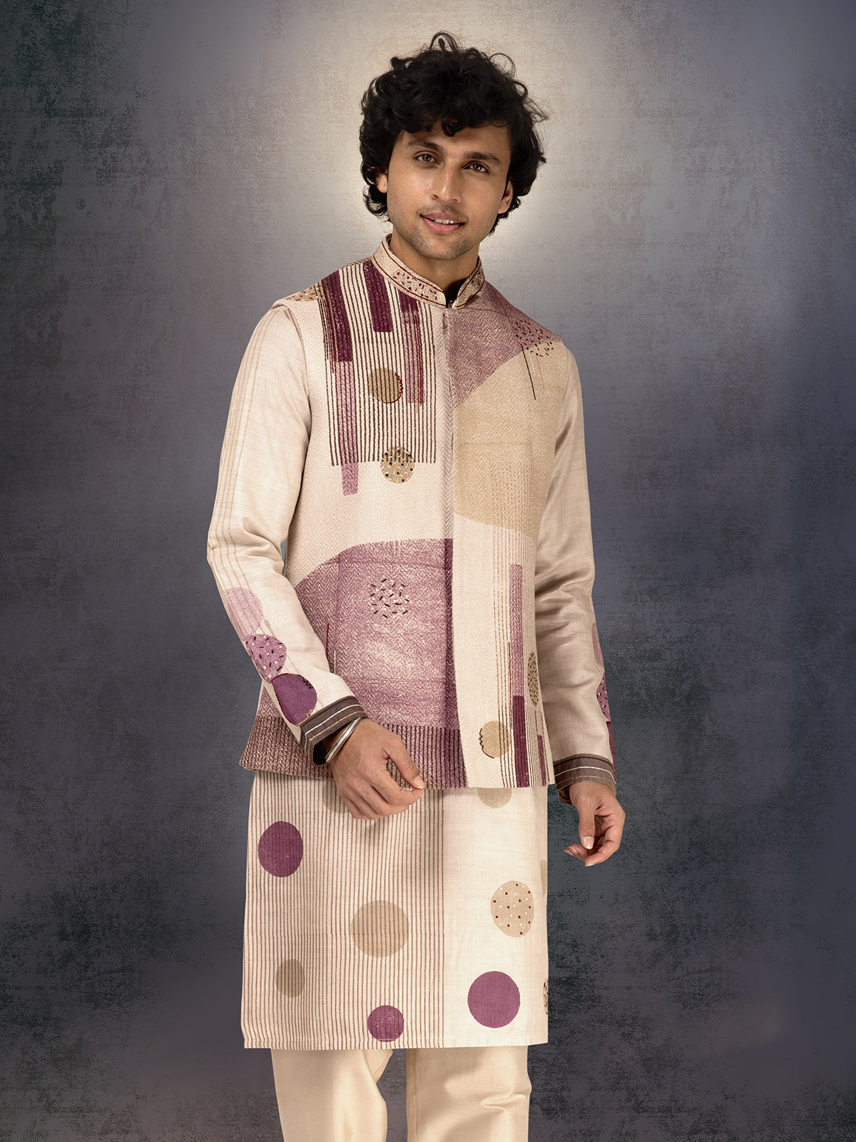 Off white and purple munga silk waistcoat set
