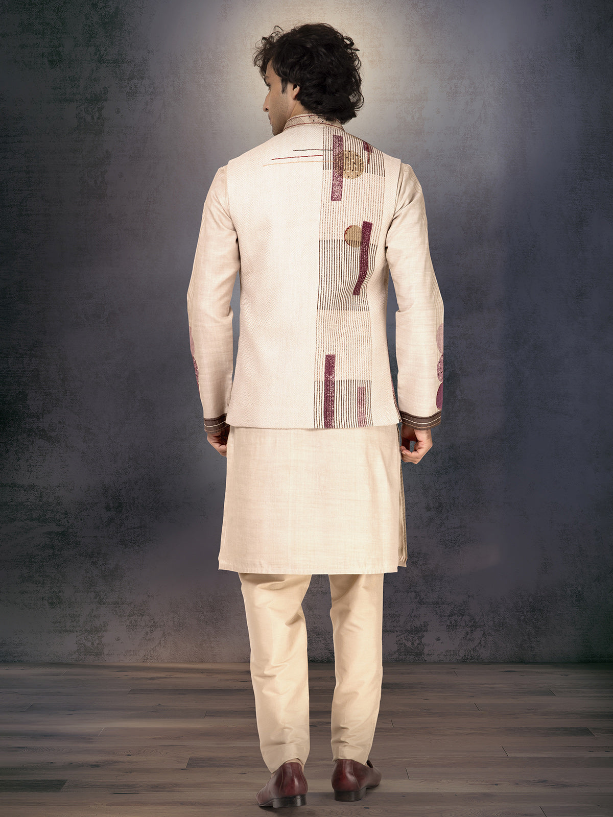 Off white and purple munga silk waistcoat set