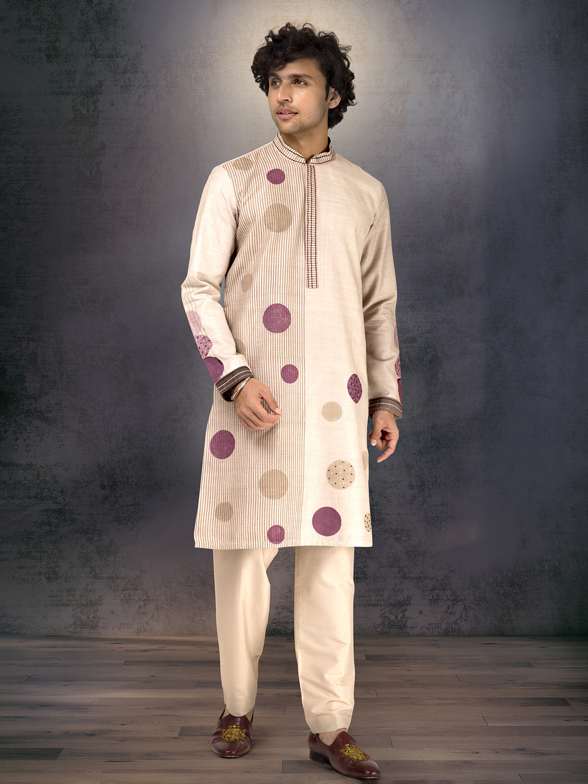 Off white and purple munga silk waistcoat set