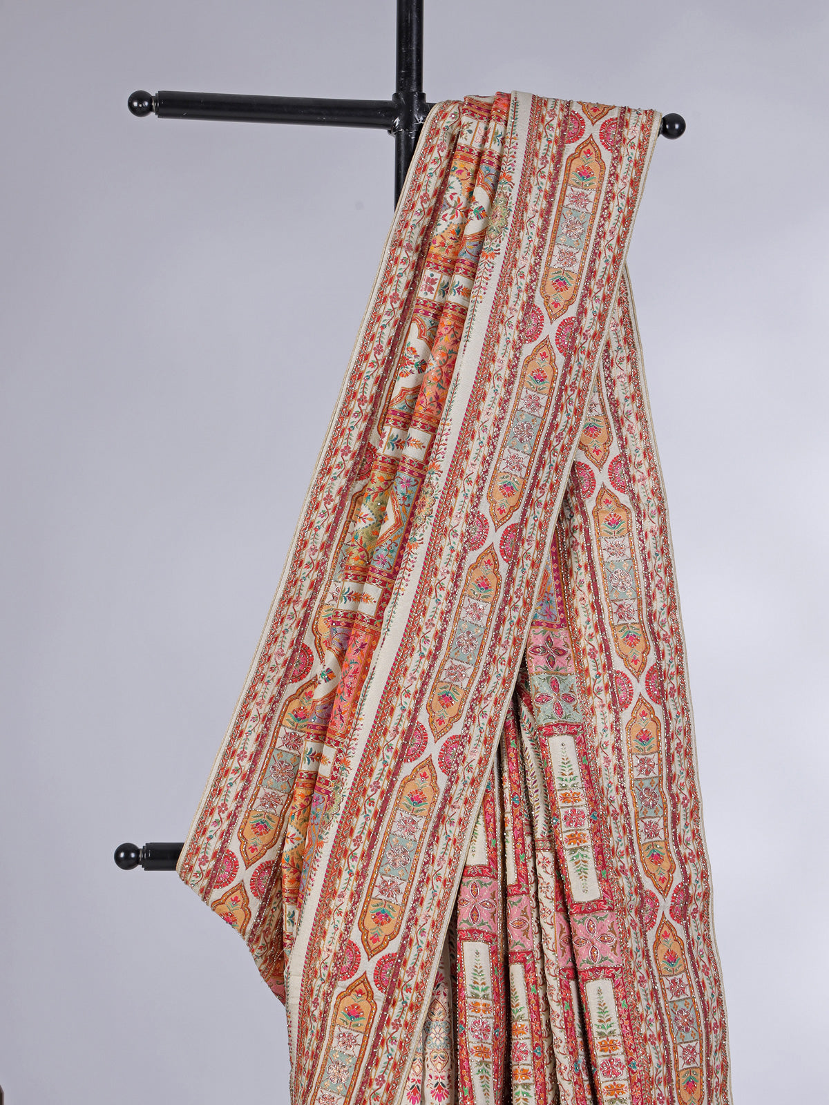 Off white art pashmina colorful motif wedding saree