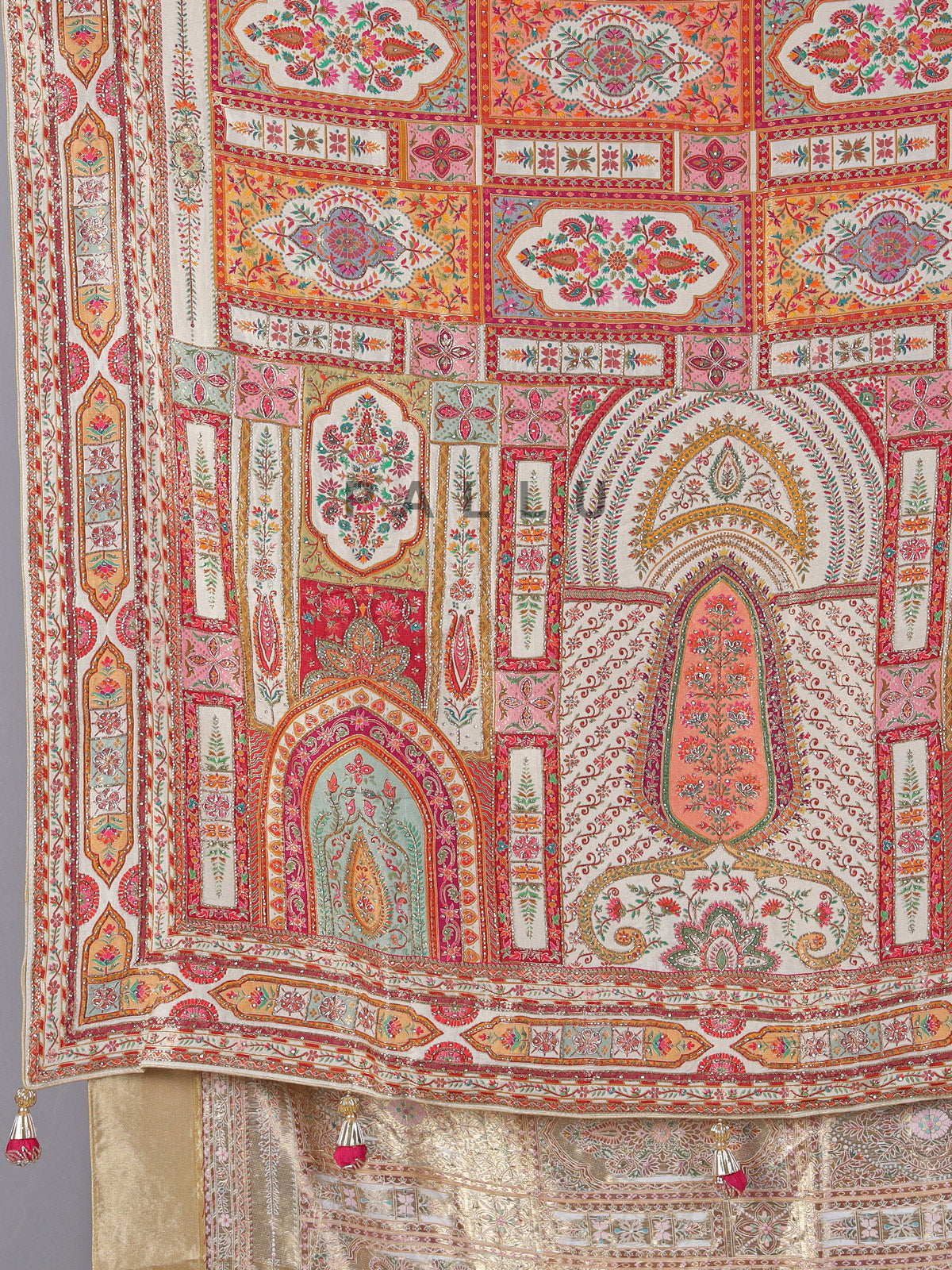 Off white art pashmina colorful motif wedding saree