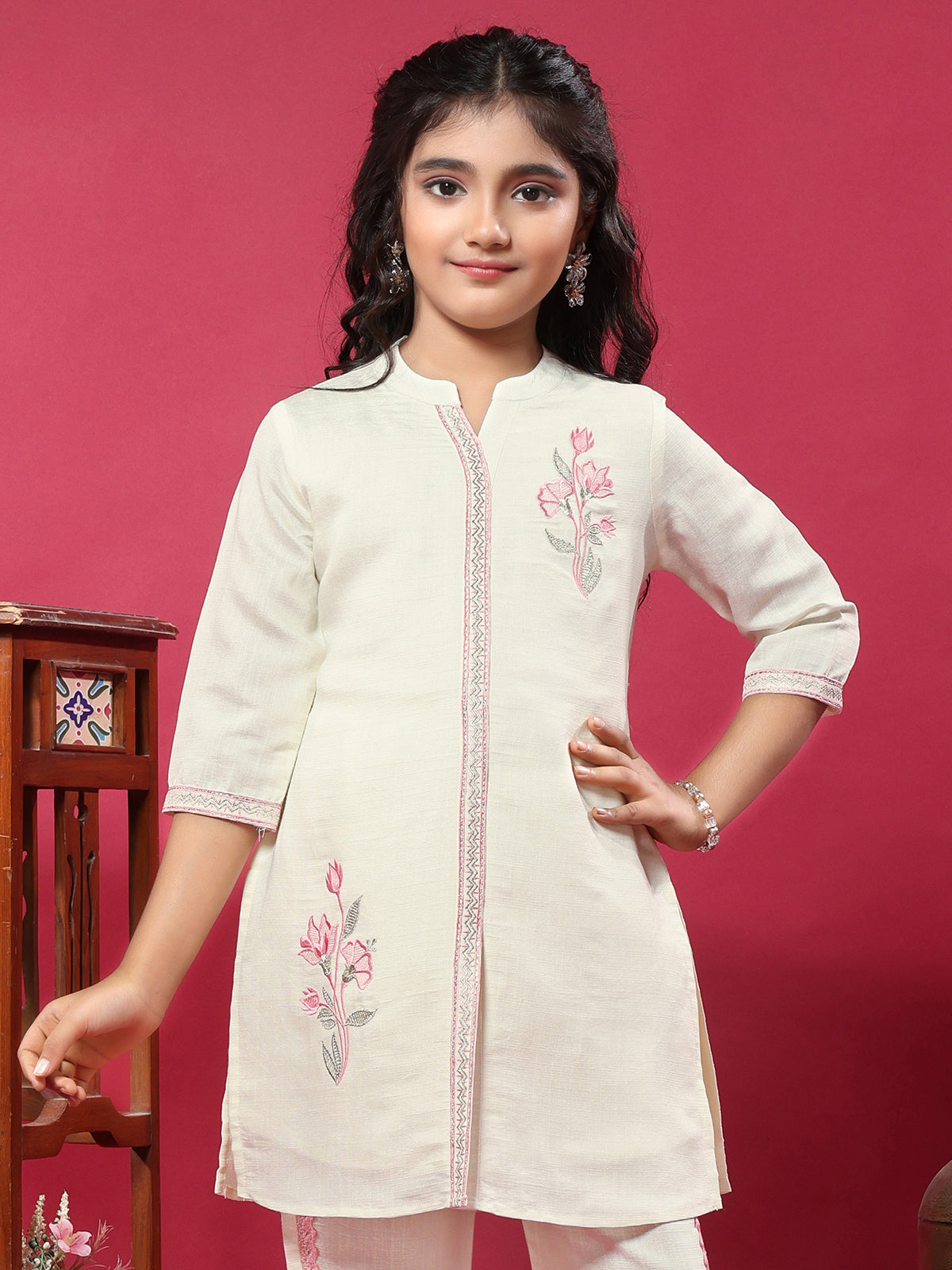 Off white cotton stand collar embroidered salwar suit