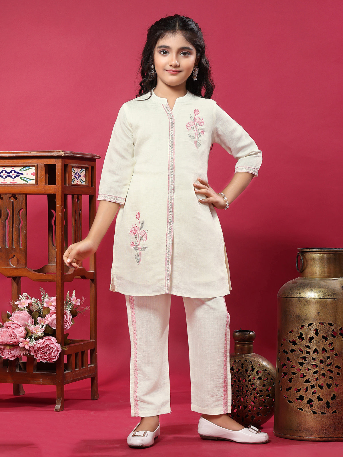 Off white cotton stand collar embroidered salwar suit