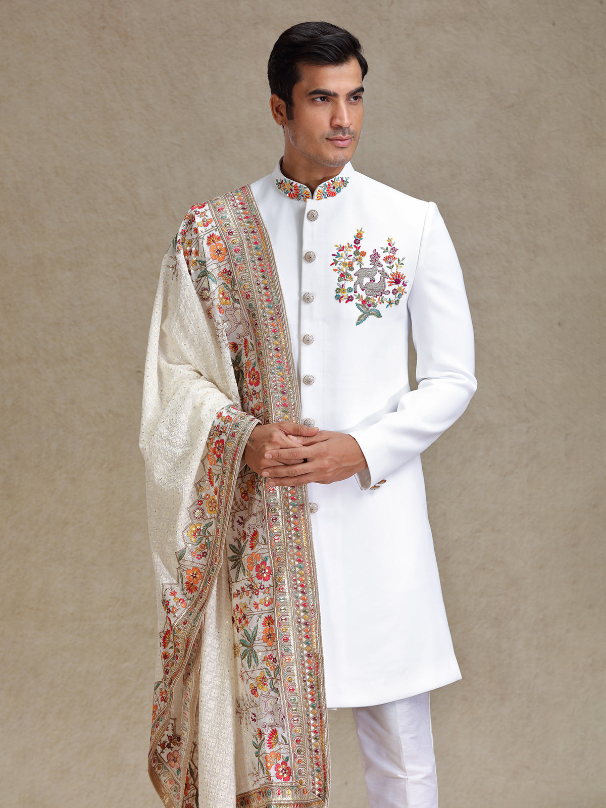 Off white flower embroidered terry rayon sherwani