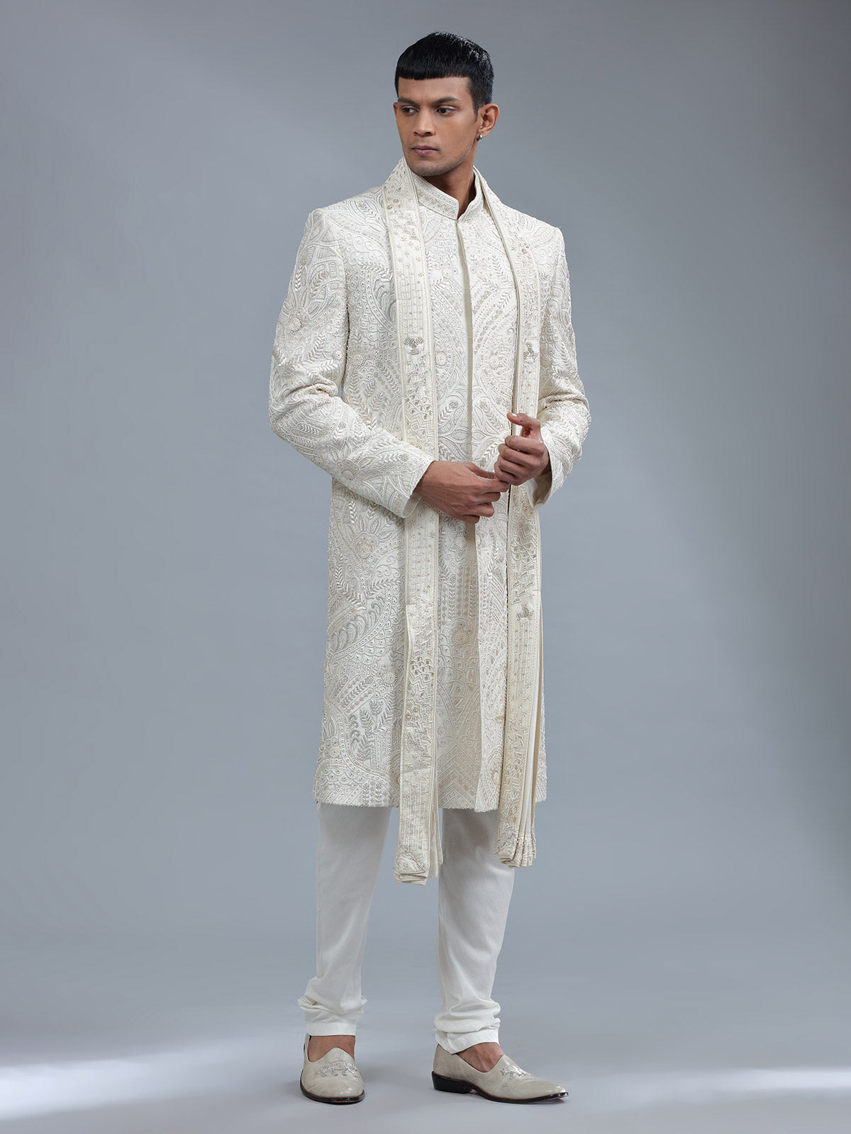 Off-white groom style sherwani in raw silk