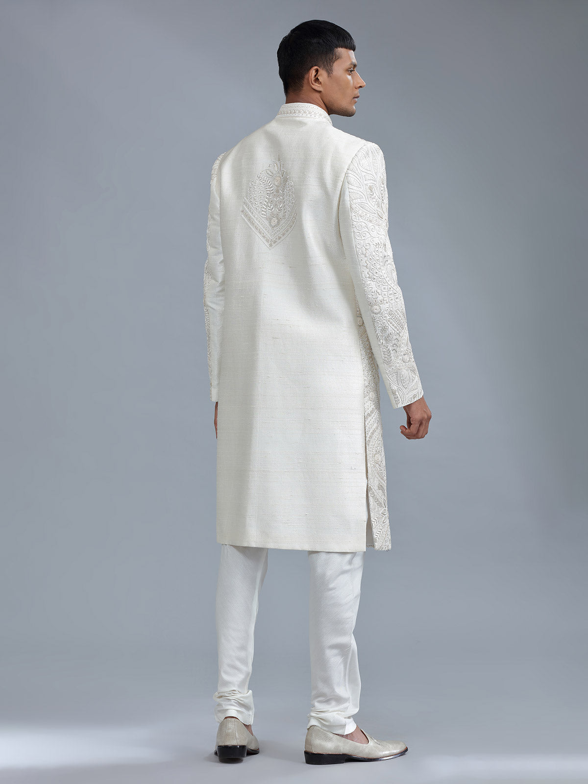 Off-white groom style sherwani in raw silk