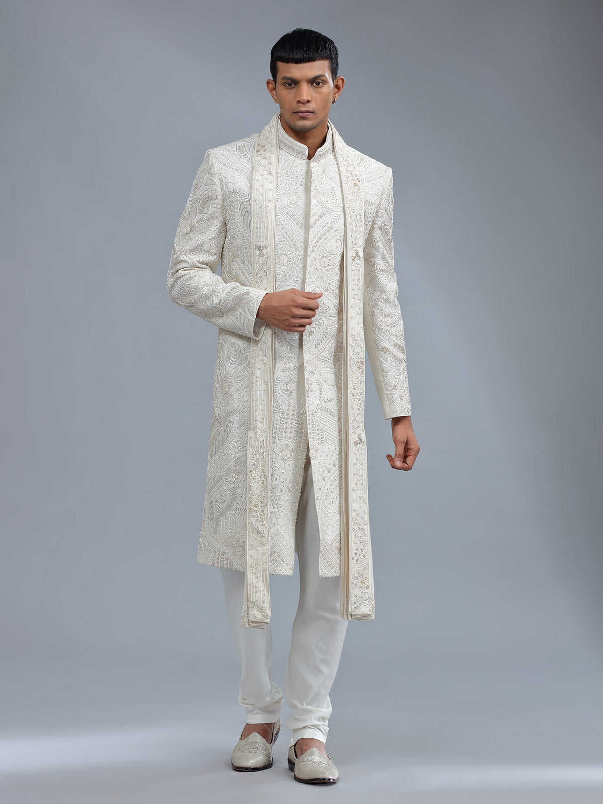 Off-white groom style sherwani in raw silk