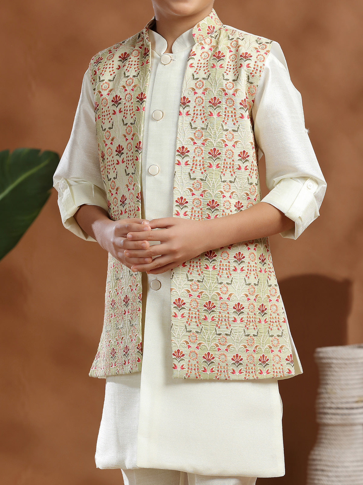 Off white pista raw silk waistcoat set