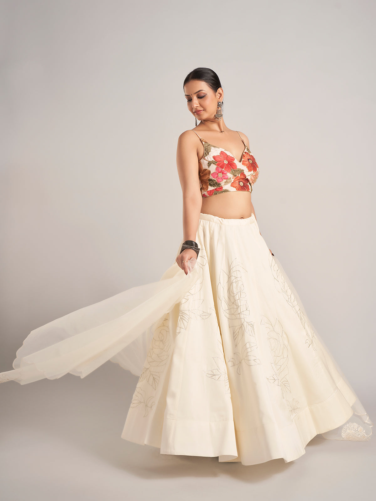 Off white printed silk navratri chaniya choli