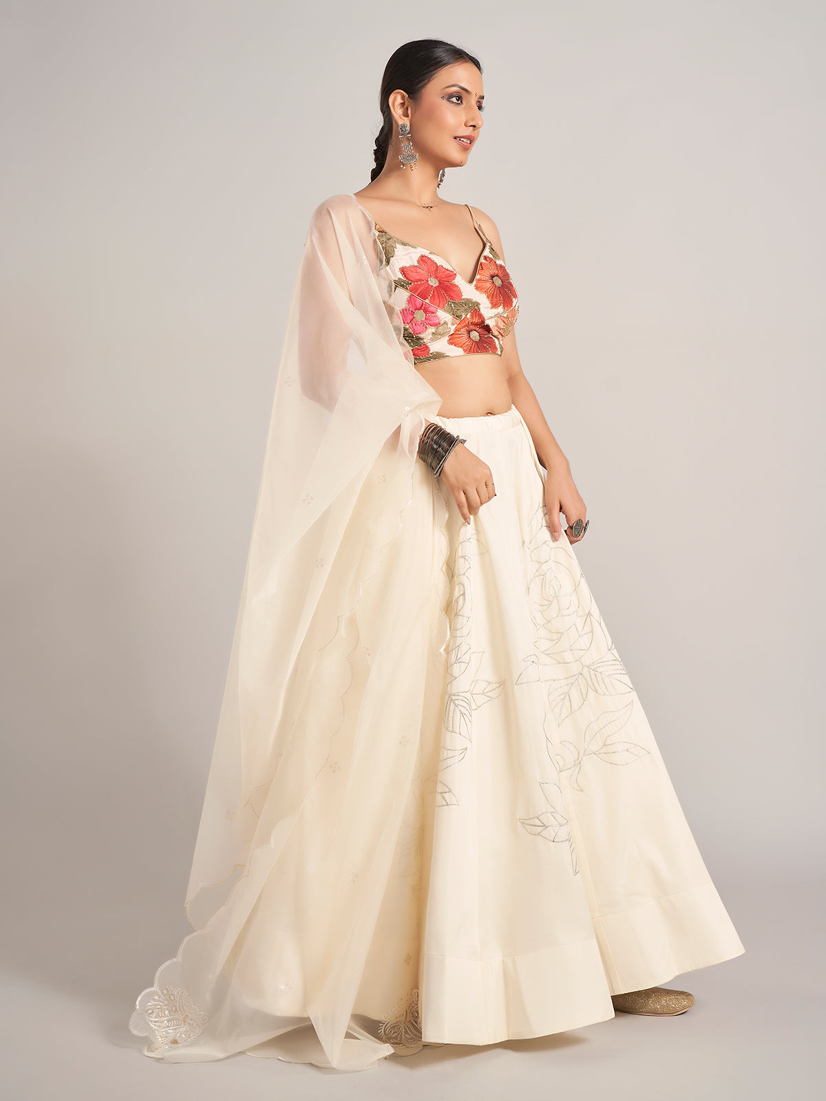 Off white printed silk navratri chaniya choli