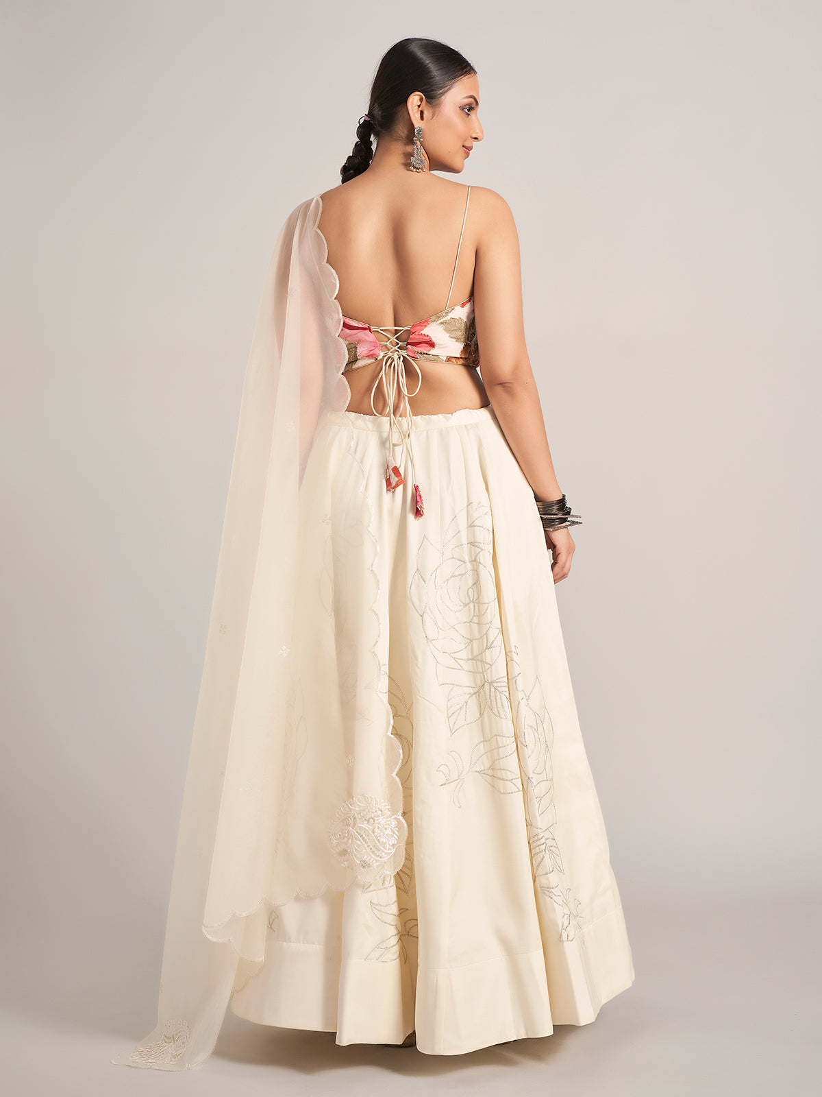 Off white printed silk navratri chaniya choli