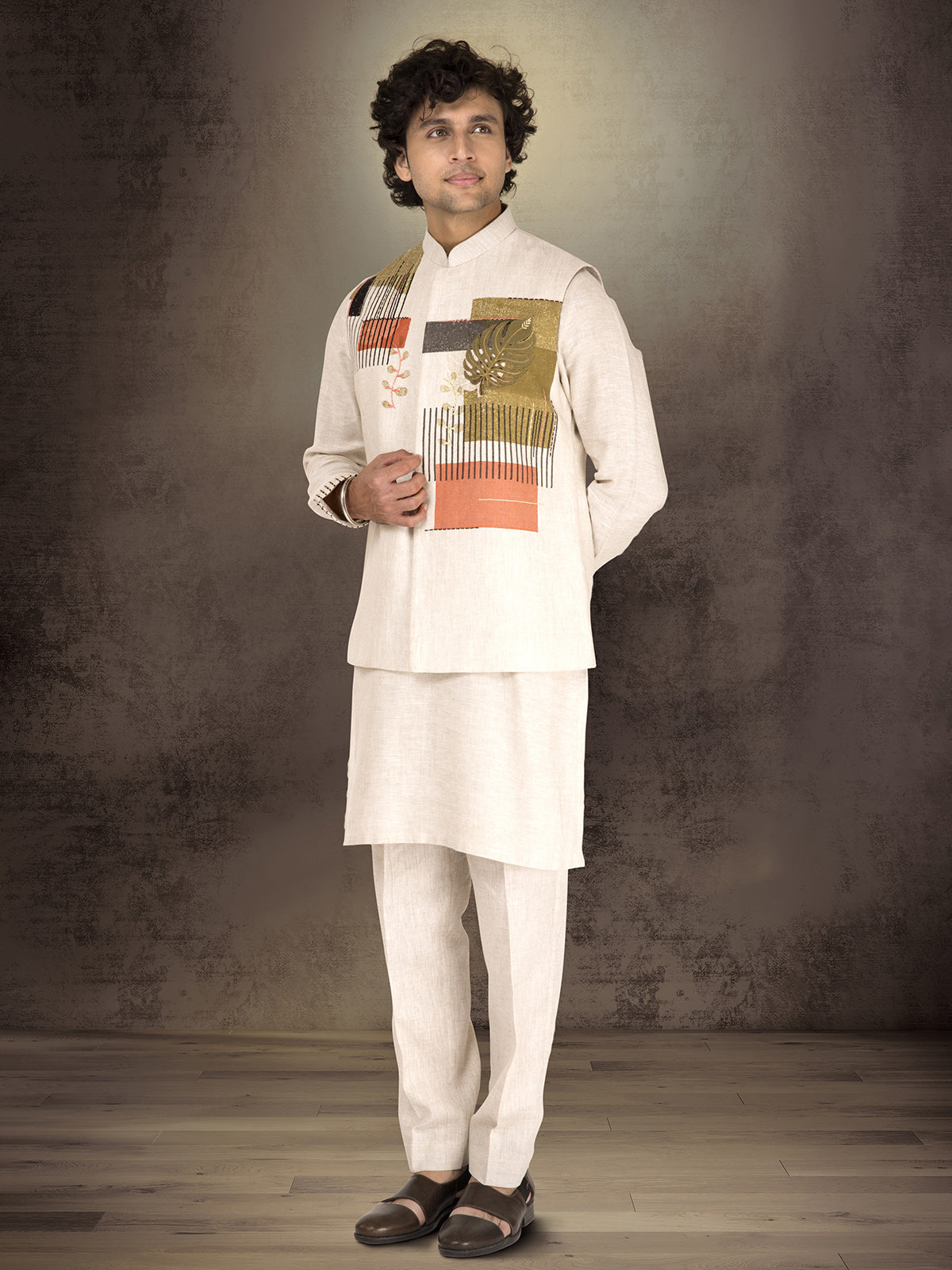 Off white pure linen block printed waistcoat set