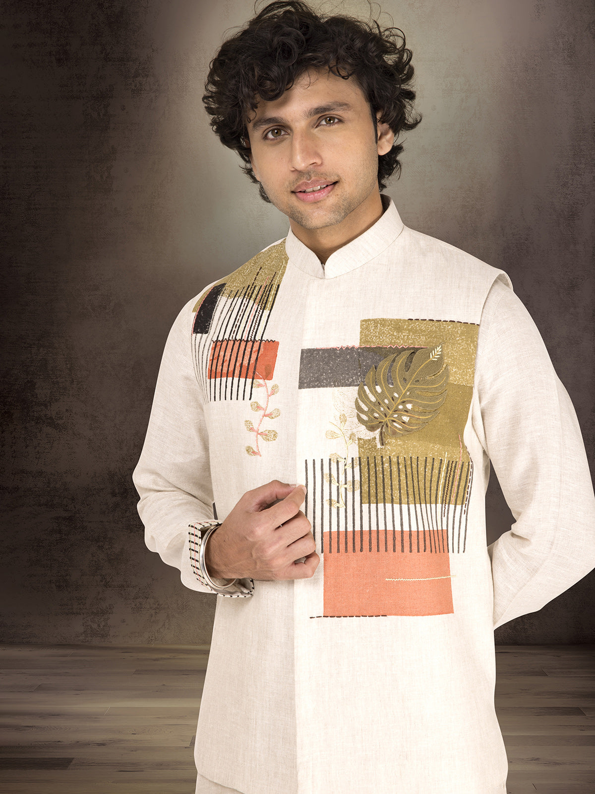Off white pure linen block printed waistcoat set