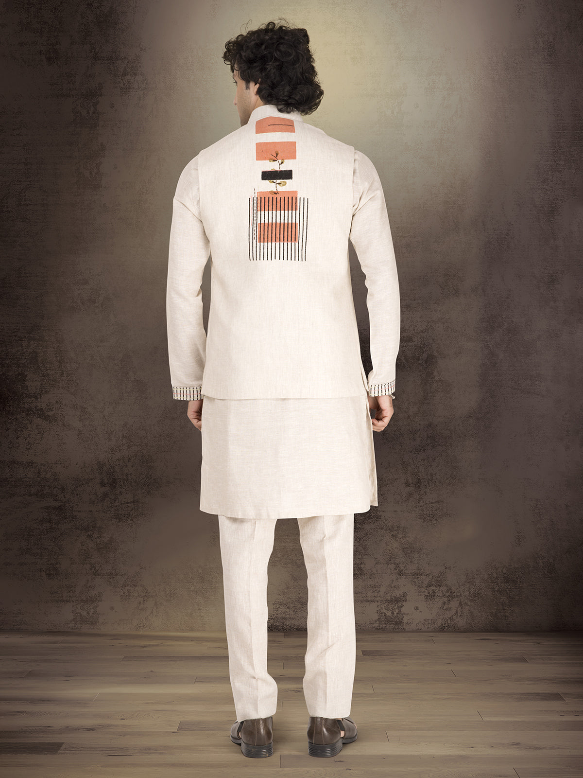Off white pure linen block printed waistcoat set