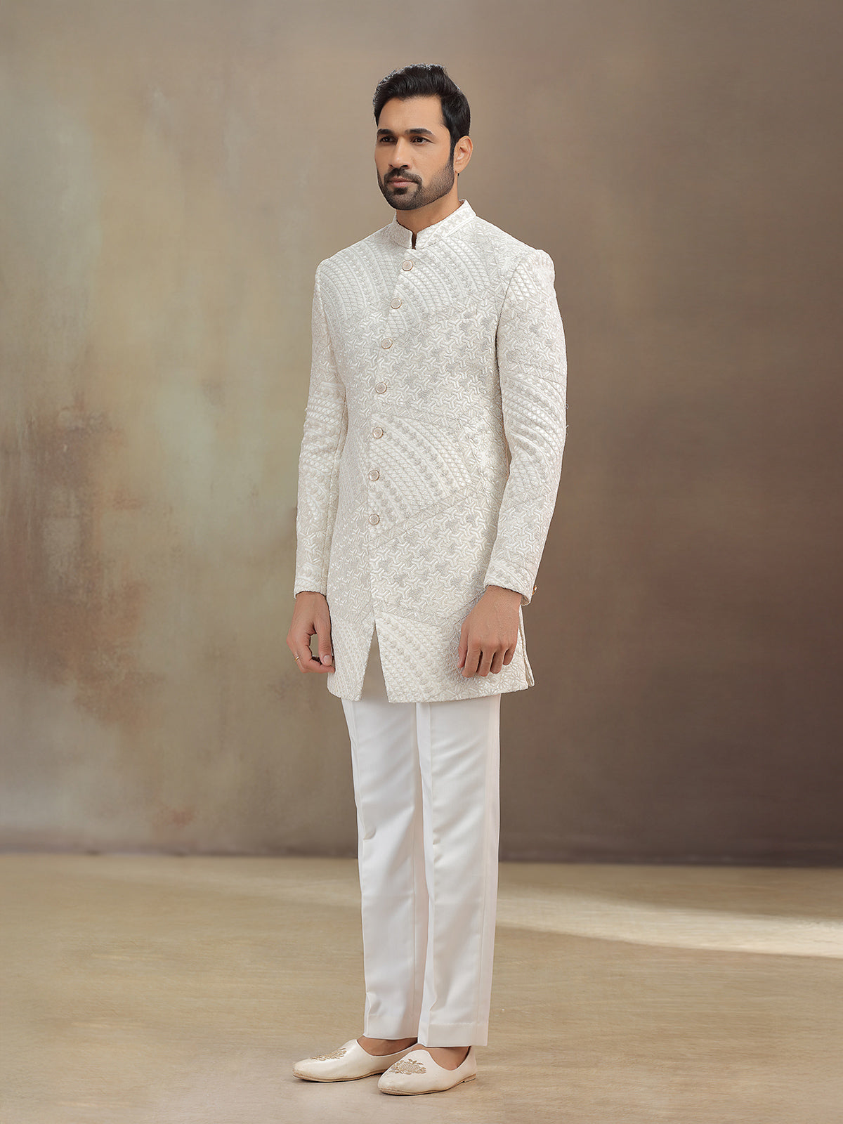 Off white silk indowestern set with emberoidery
