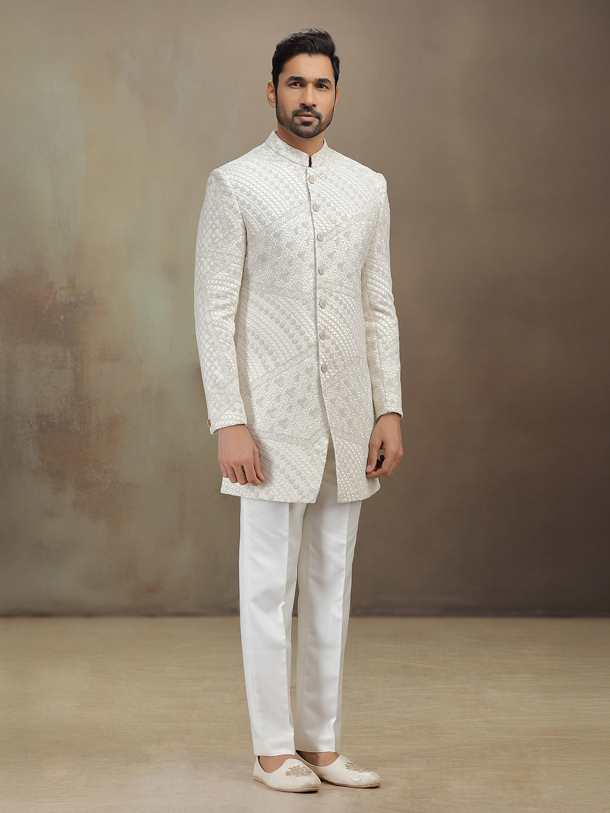 Off white silk indowestern set with emberoidery