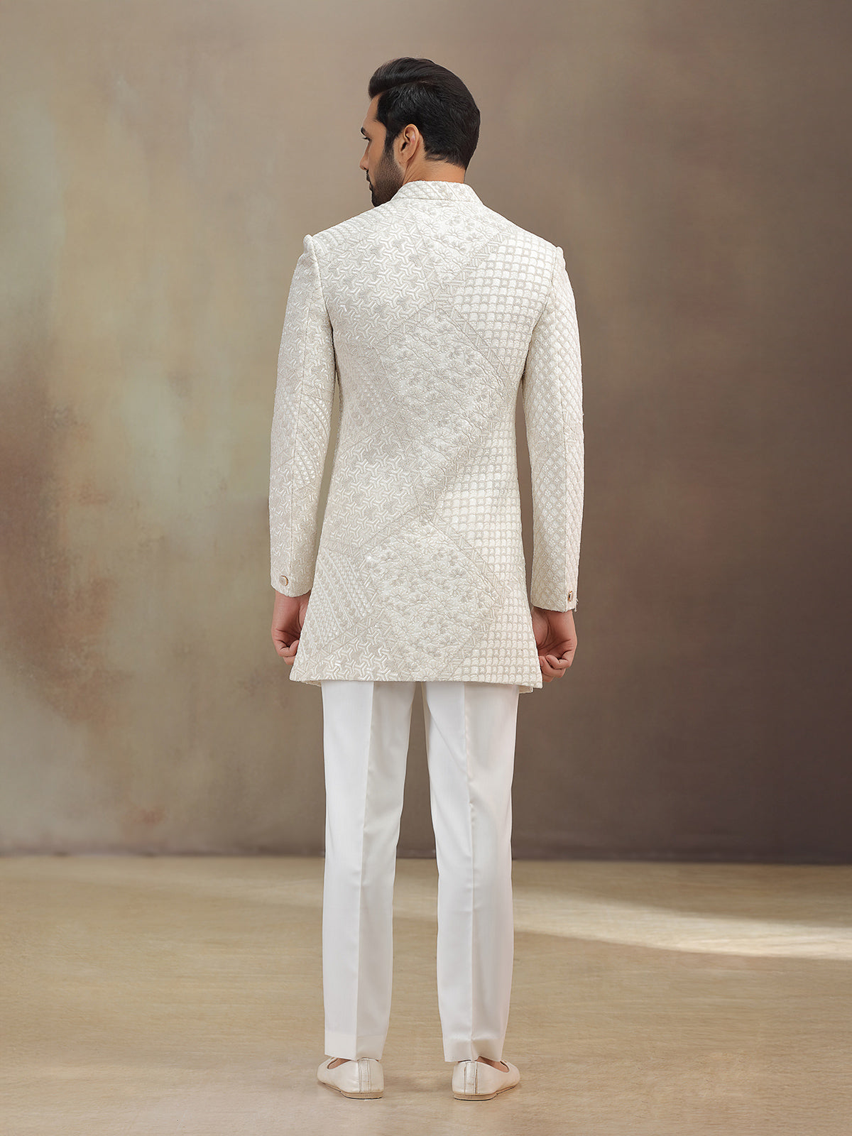 Off white silk indowestern set with emberoidery