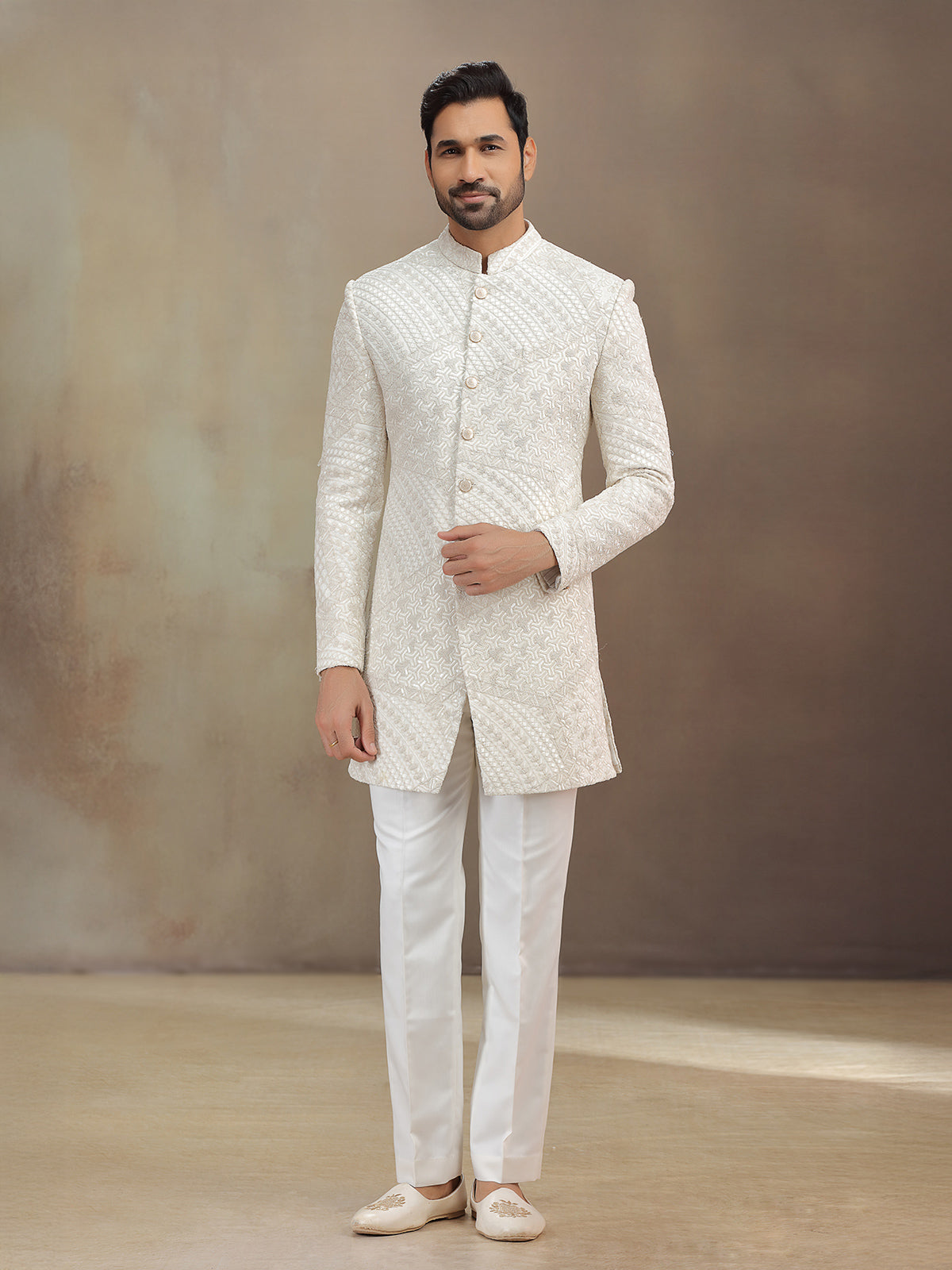 Off white silk indowestern set with emberoidery