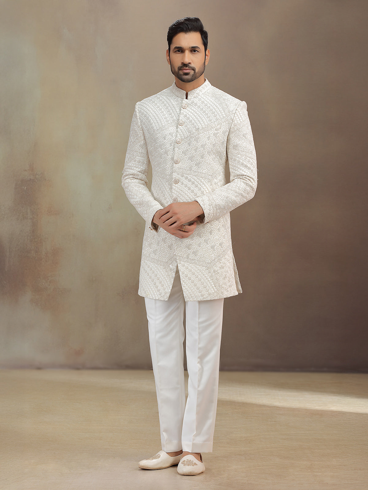 Off white silk indowestern set with emberoidery