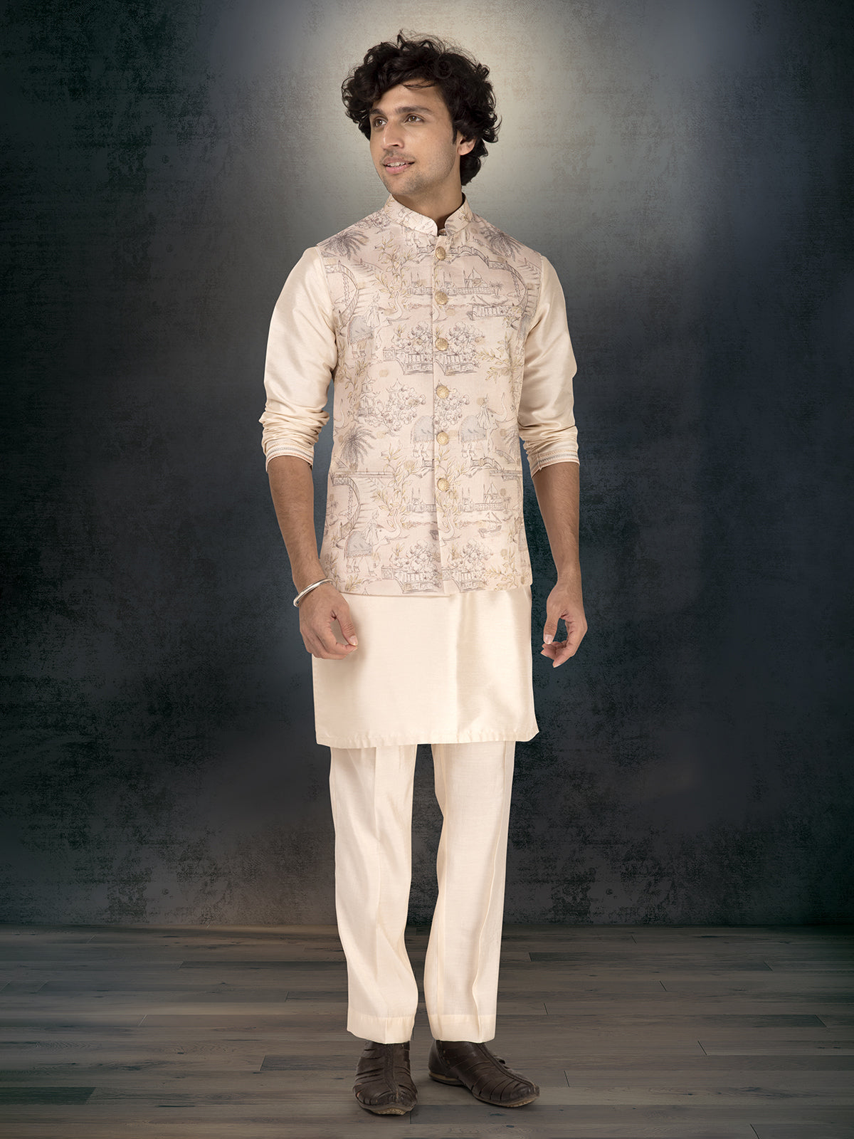 Off white silk printed waistcoat set for men