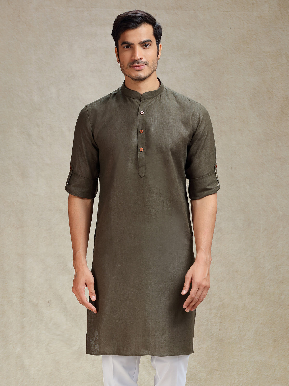 Olive green linen kurta for ethnic look