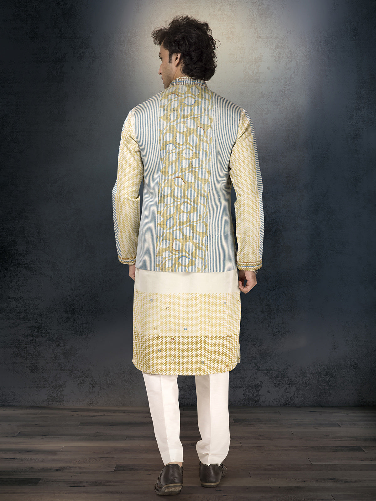 Olive silk waistcoat set with thread and resham work