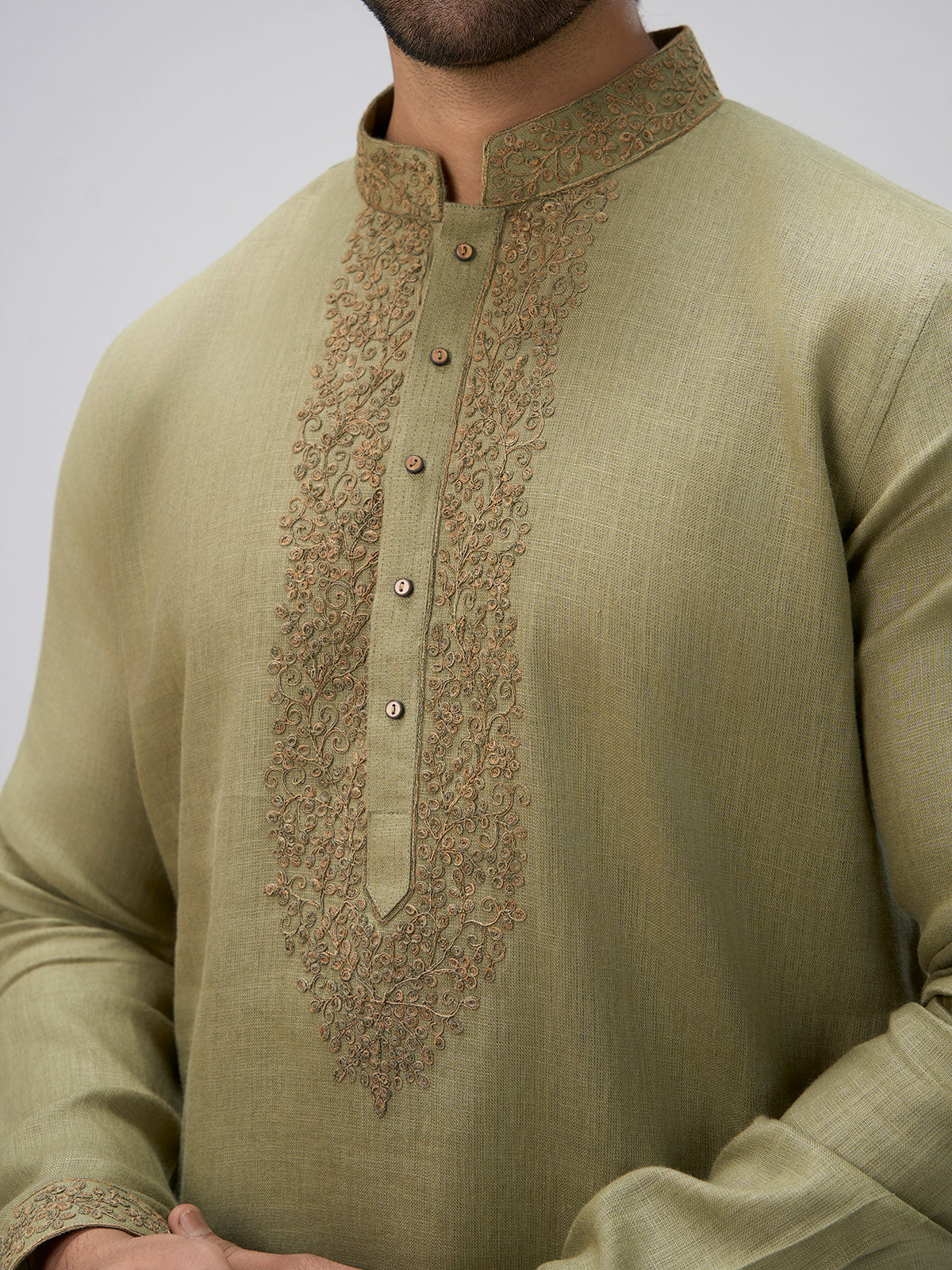 Olive thread artistry kurta pajama men