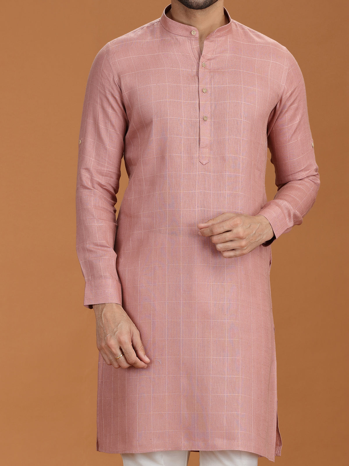 Onion pink checks linen kurta set for festive