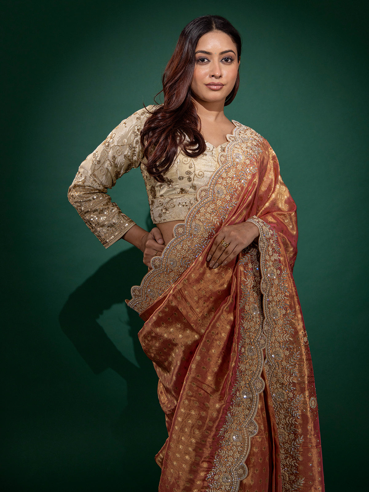 Onion pink chiffon saree with grand zari weaving
