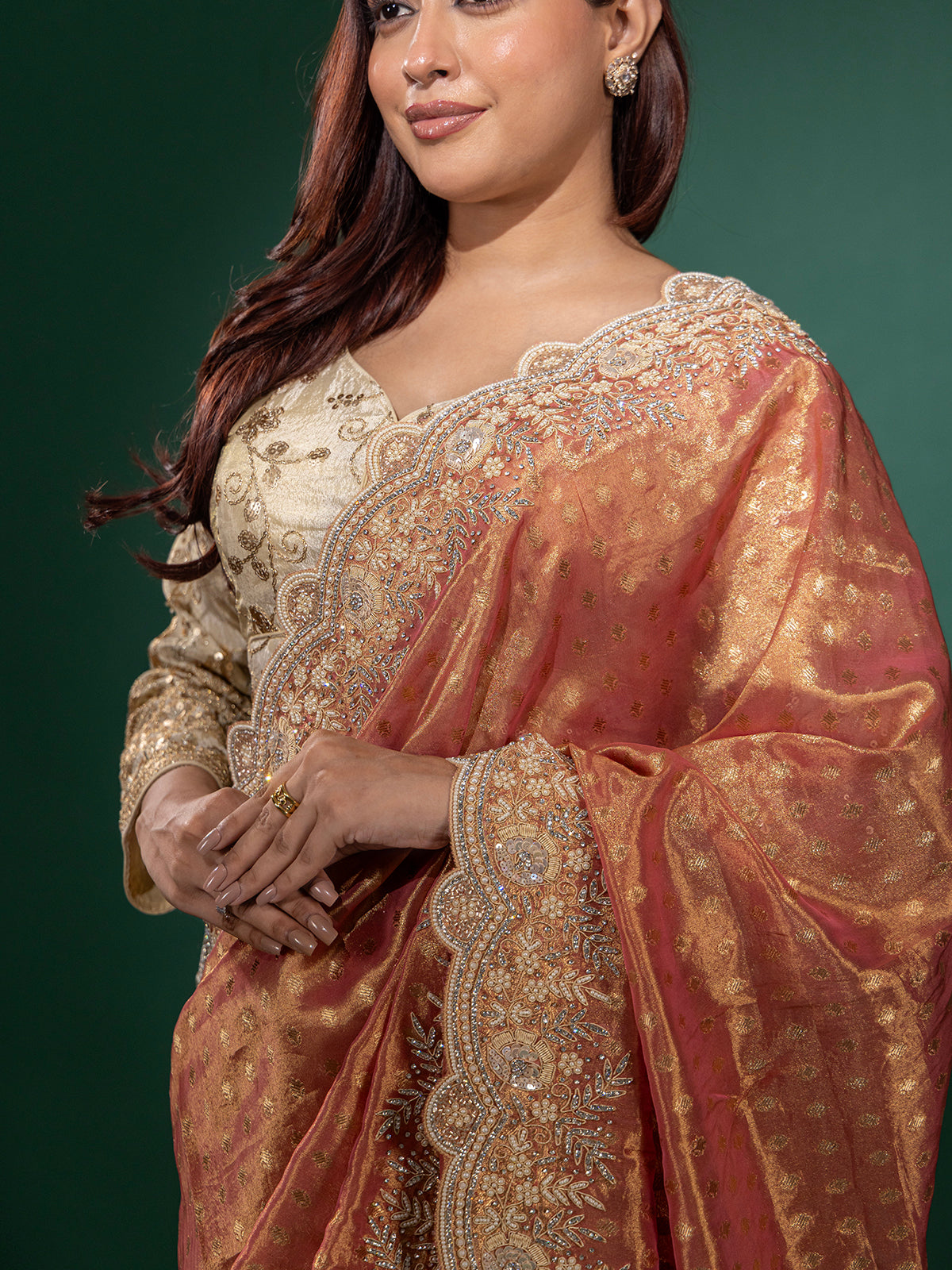 Onion pink chiffon saree with grand zari weaving