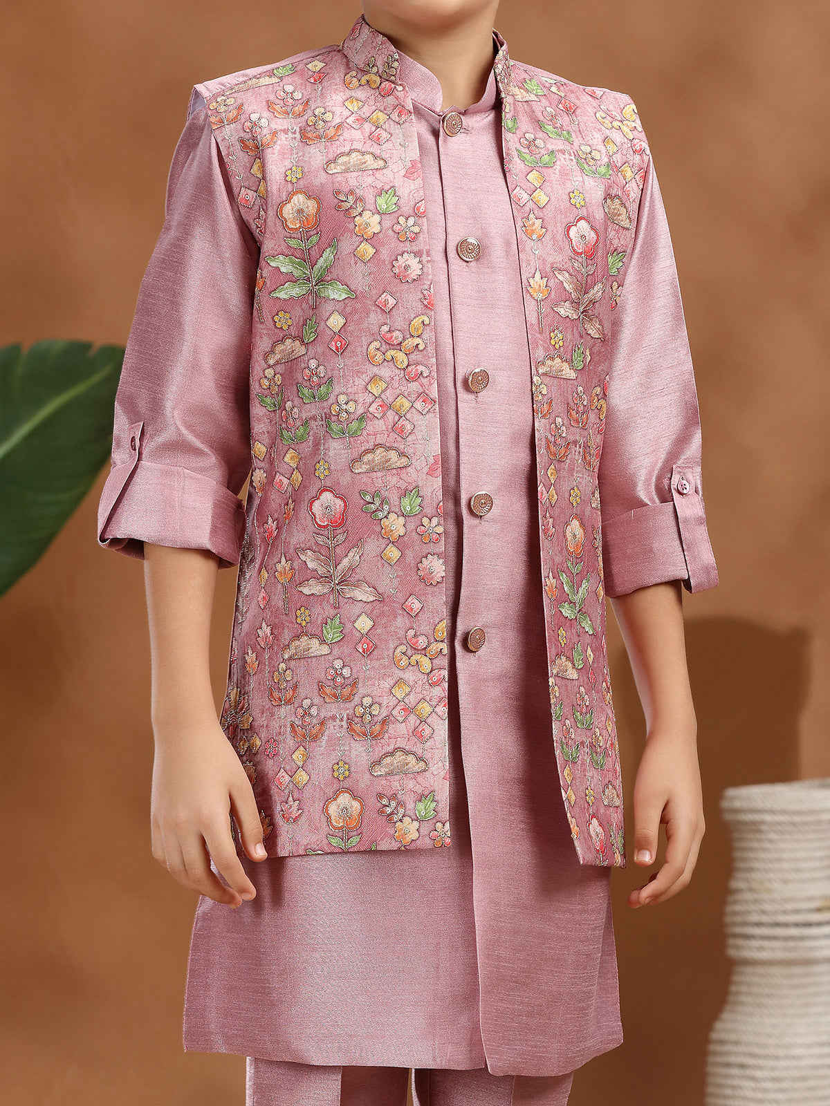 Onion Pink raw silk printed waistcoat set