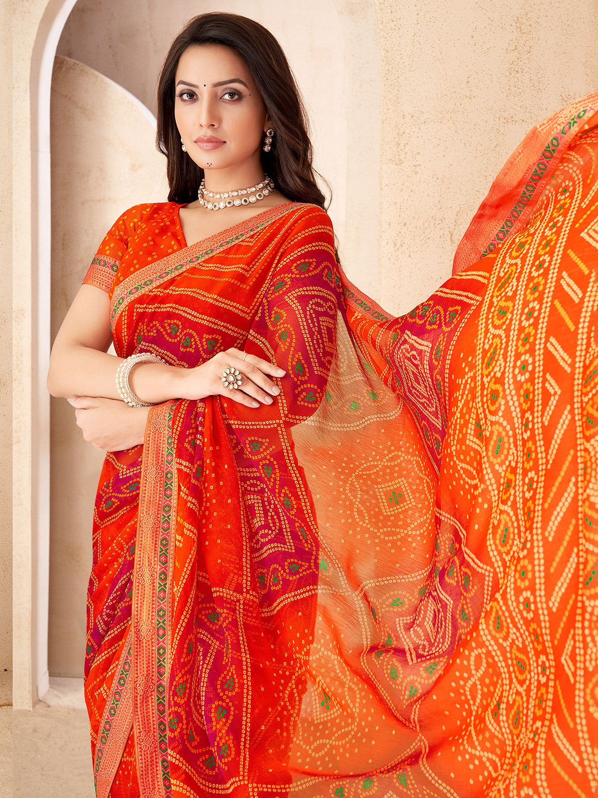 Orange bandhej printed saree in soft chiffon for women