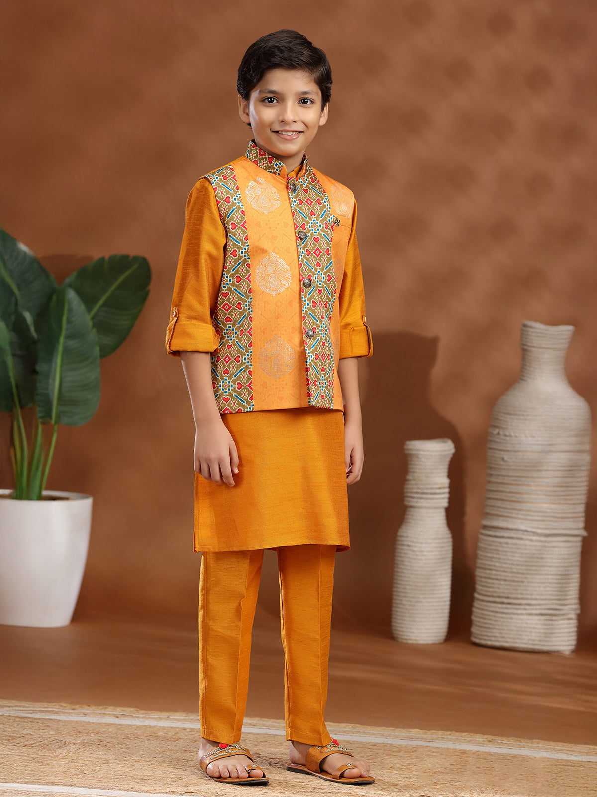 Orange raw silk zari weaving printed waistcoat set