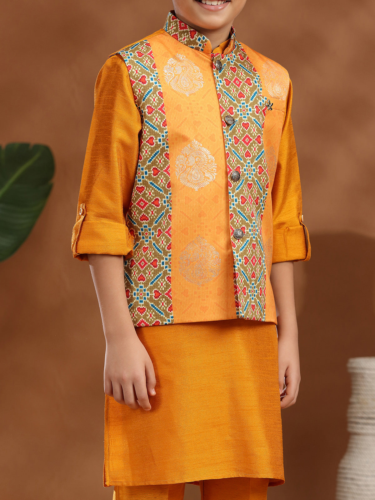 Orange raw silk zari weaving printed waistcoat set
