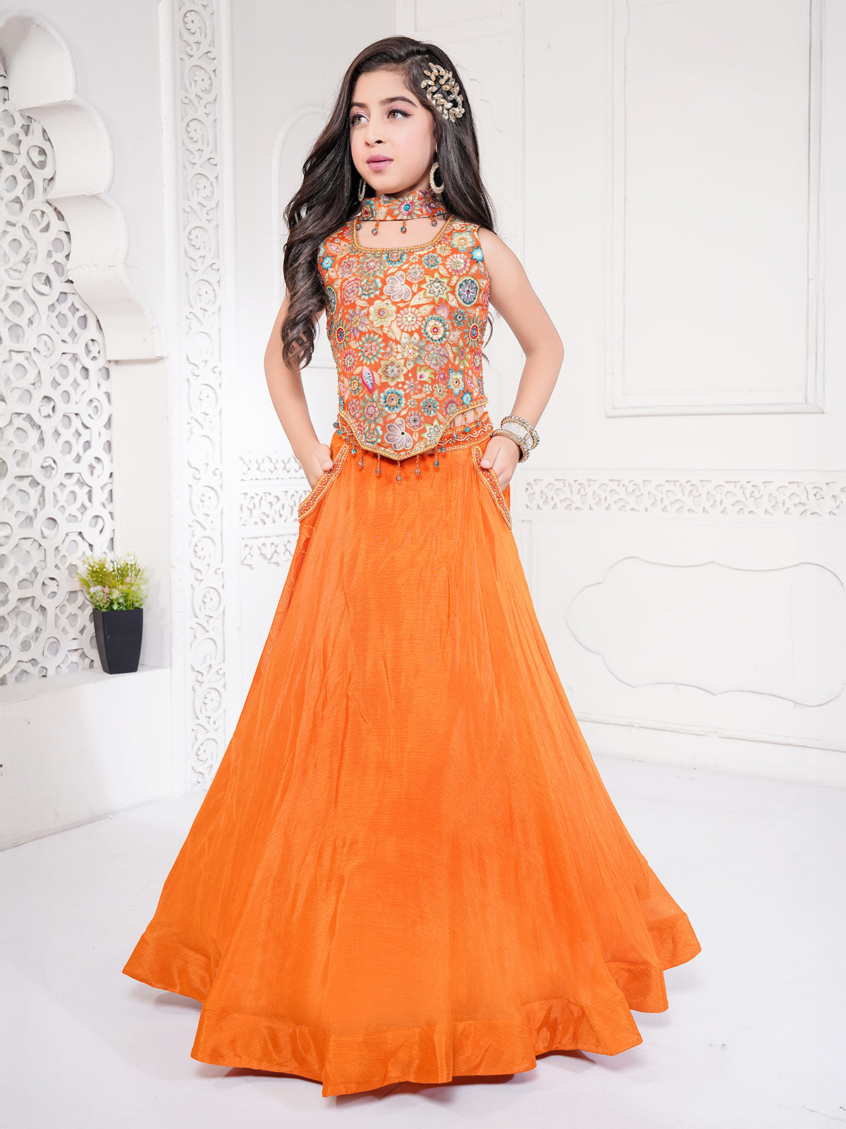 Orange silk printed lehenga choli for wedding