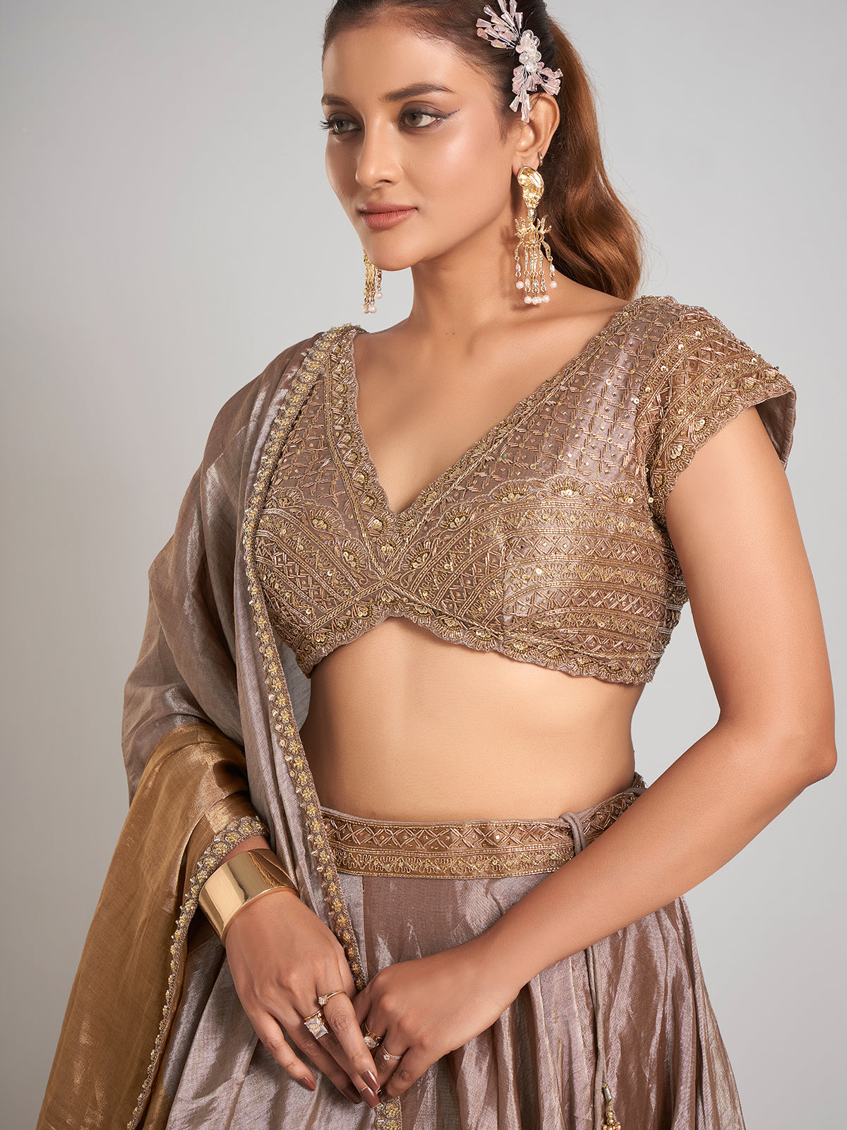 Pastel beige silk lehenga choli with elegant dupatta